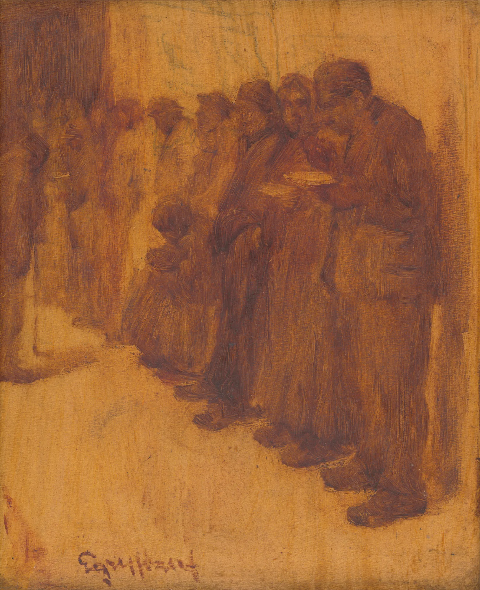 Soup for the Poor Soup for the Poor by József Egry. A monochromatic brown oil painting depicting a queue of figures in profile holding bowls.