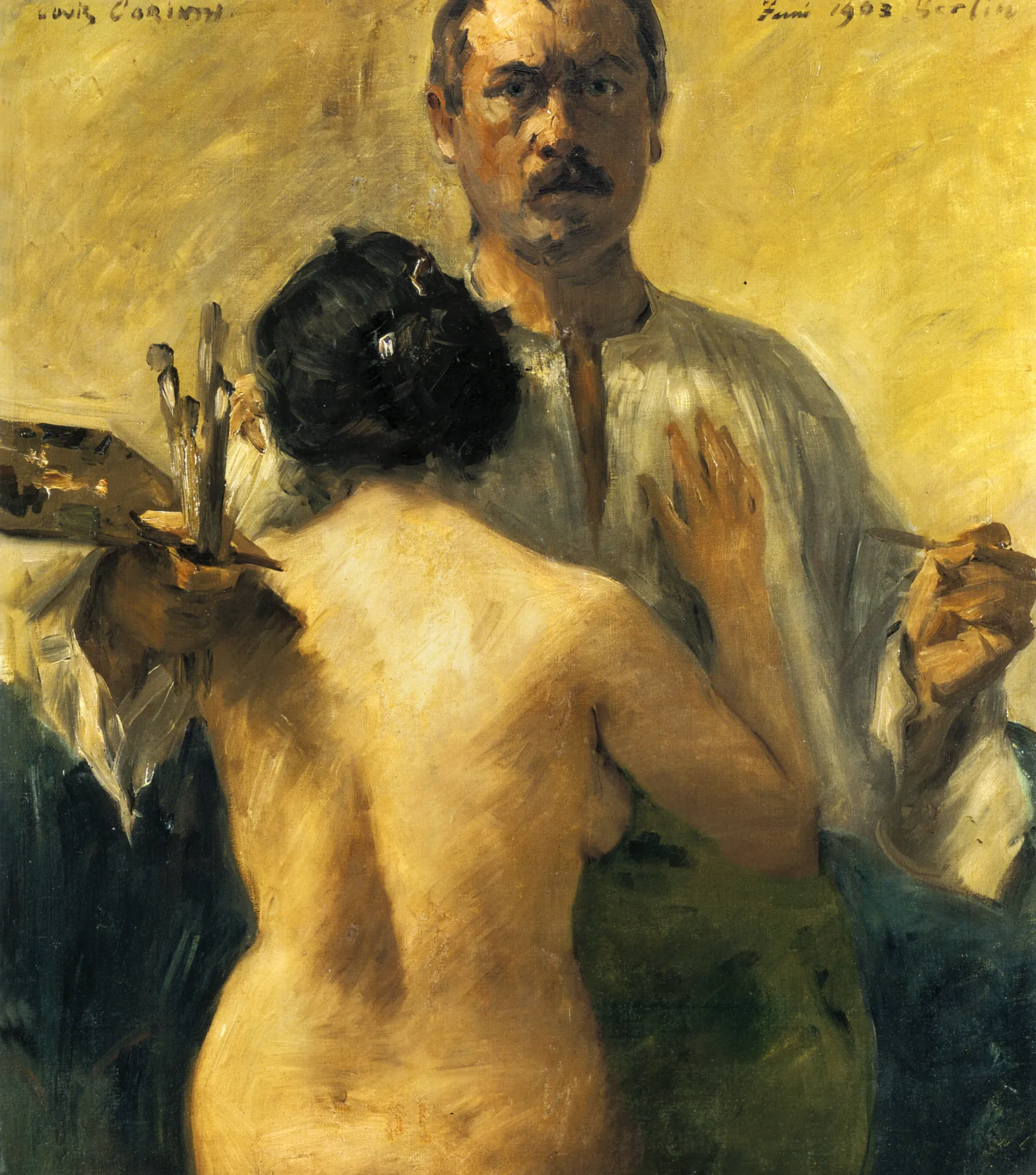 Self-Portrait with Model Self-Portrait with Model by Lovis Corinth. An impressionistic self-portrait of painter Lovis Corinth standing behind a nude female model with her back turned.