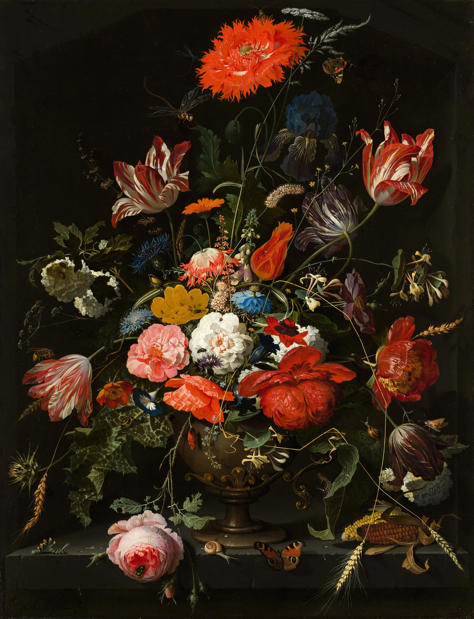 Flowers in a Metal Vase in a Niche