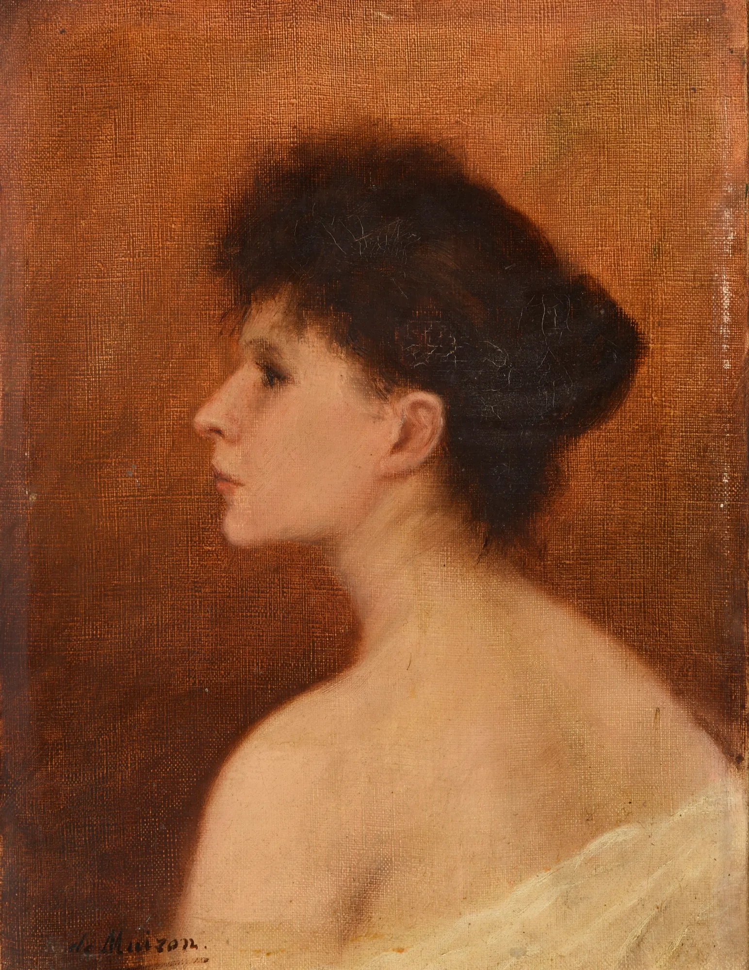 Mademoiselle B. Lamarre Mademoiselle B. Lamarre by Charles de Muizon. A profile portrait of a young woman with dark hair against a textured, warm brown background.