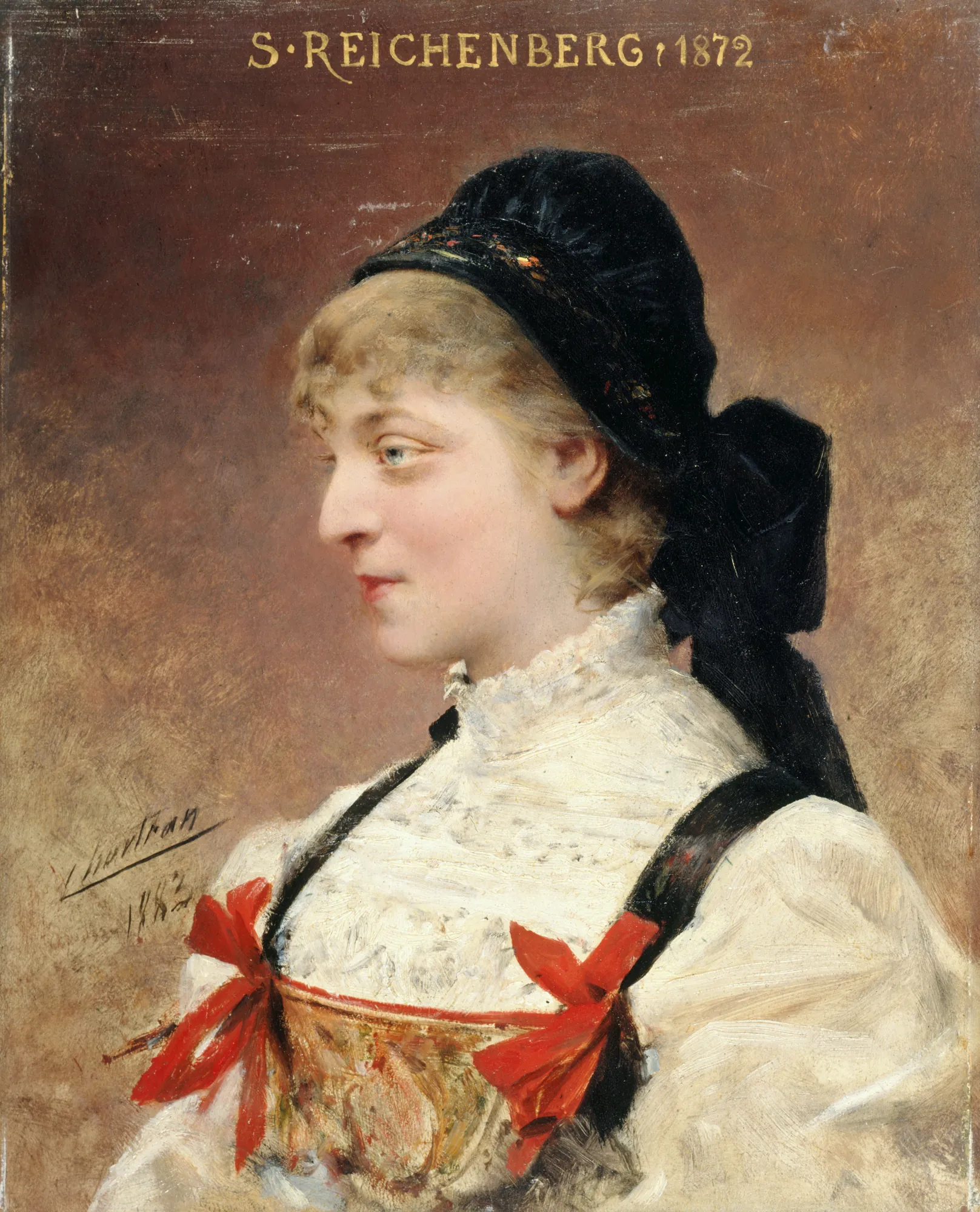 Portrait of Suzanne Reichenberg Portrait of Suzanne Reichenberg by Théobald Chartran. A profile portrait of a blonde woman wearing a black headdress and a white lace dress adorned with red ribbons.