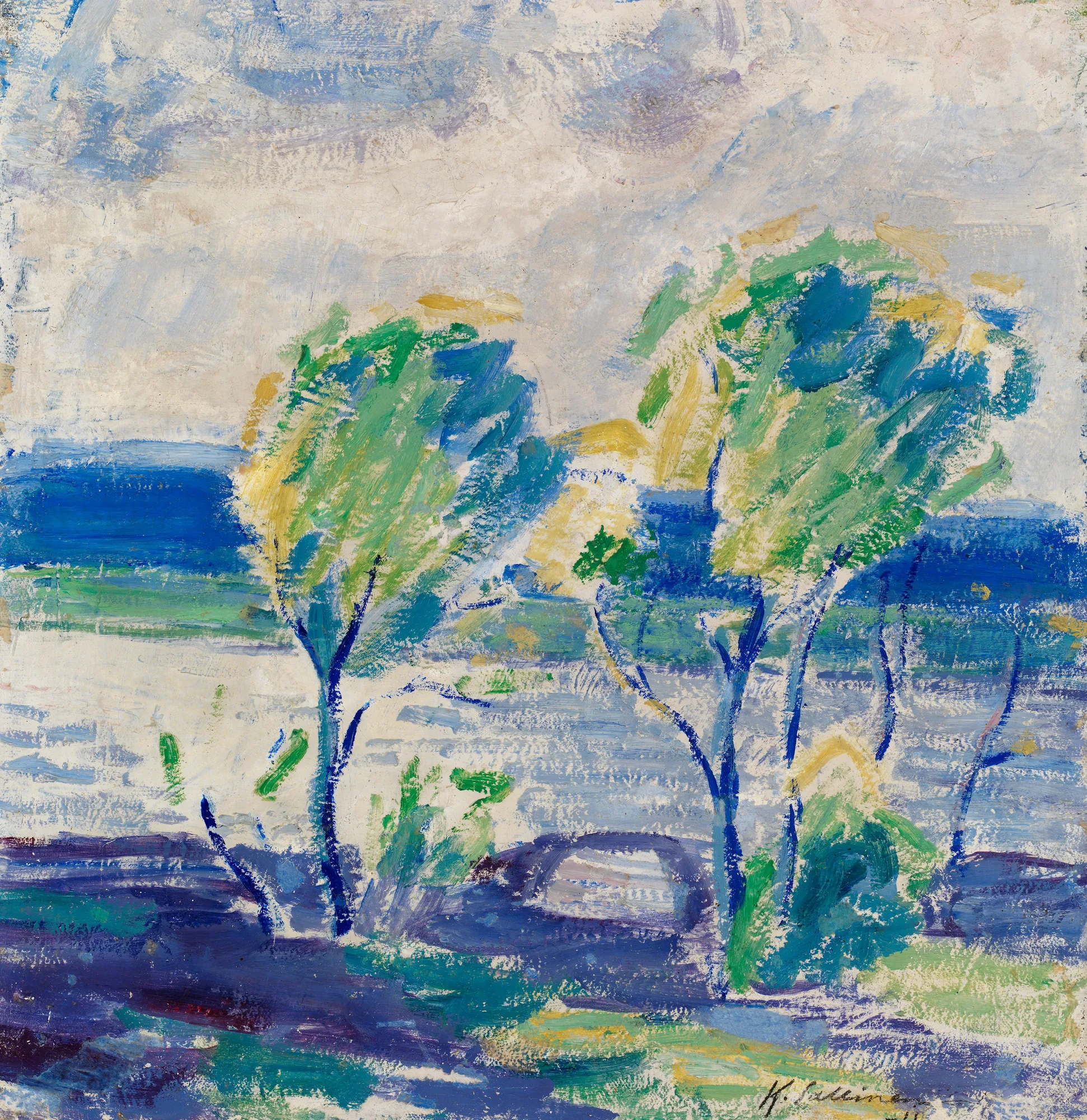 Two Alders II (Kaksi leppää II) Two Alders II (Kaksi leppää II) by Tyko Sallinen. An expressionist landscape painting featuring two slender trees with vibrant green and yellow foliage against a bright, textured sky and a deep blue foreground.