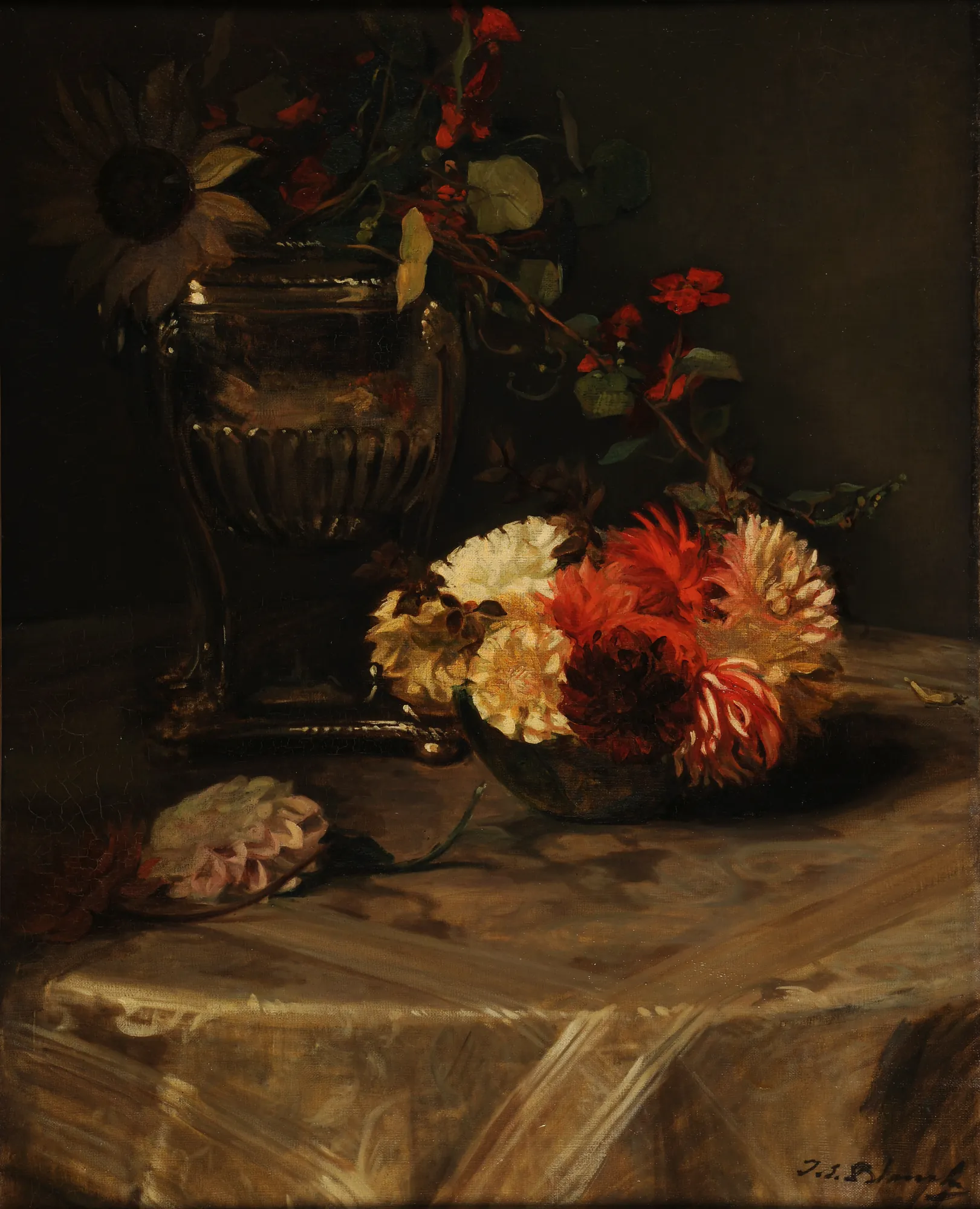 Dahlias and Nasturtiums with a Silver Urn