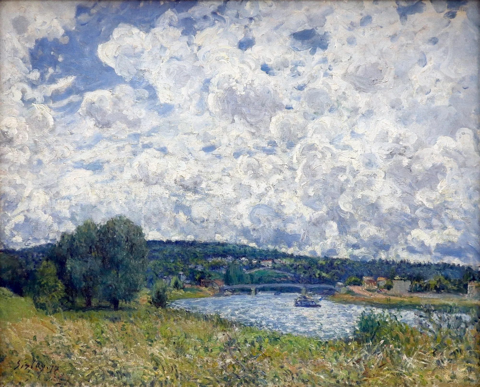 La Seine à Suresnes La Seine à Suresnes by Alfred Sisley. An Impressionist landscape featuring a wide river with a small boat, set beneath a vast, expressive sky filled with billowing white clouds and patches of blue.