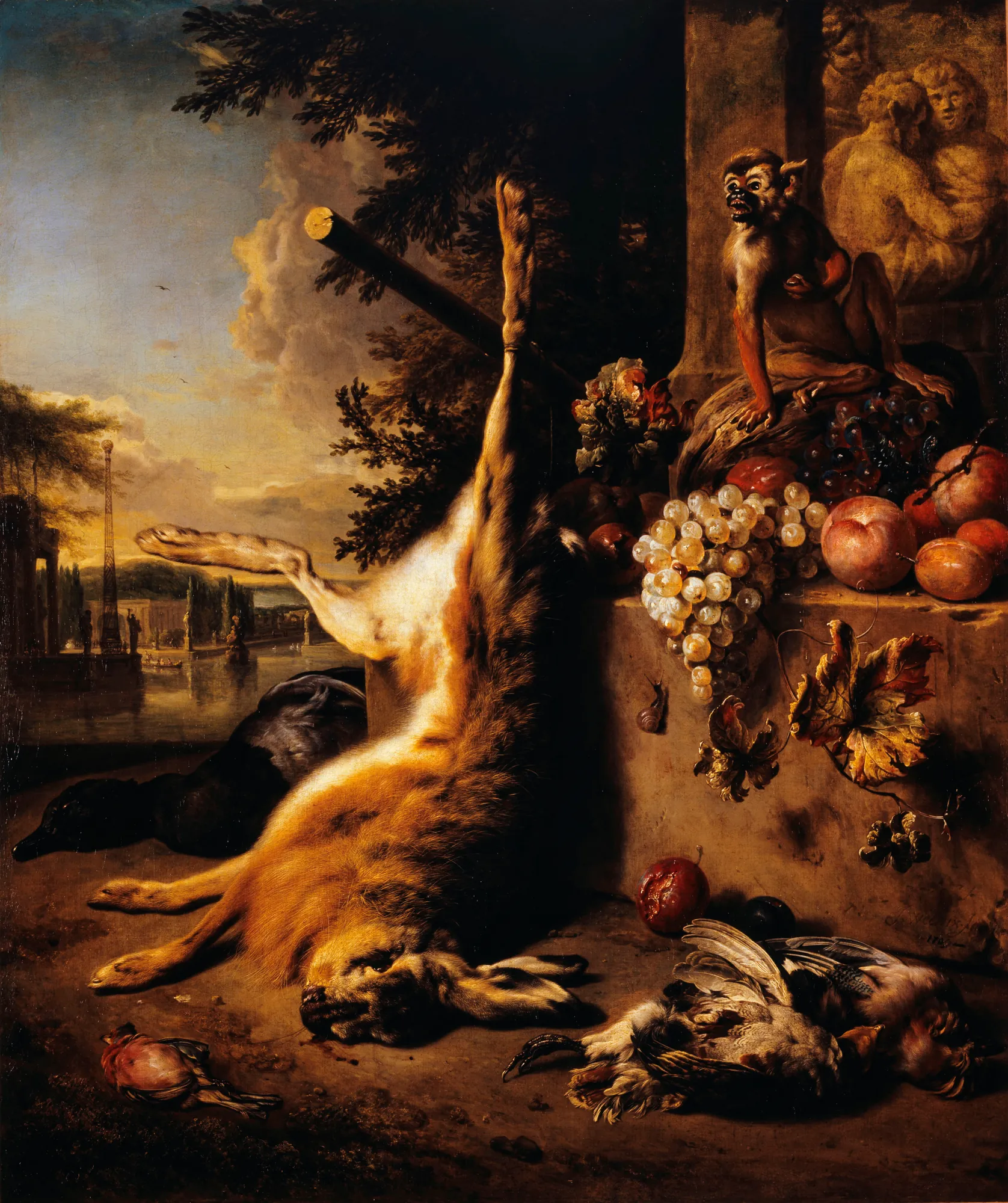 Still Life with Dead Hare, Monkey, and Fruit in a Landscape