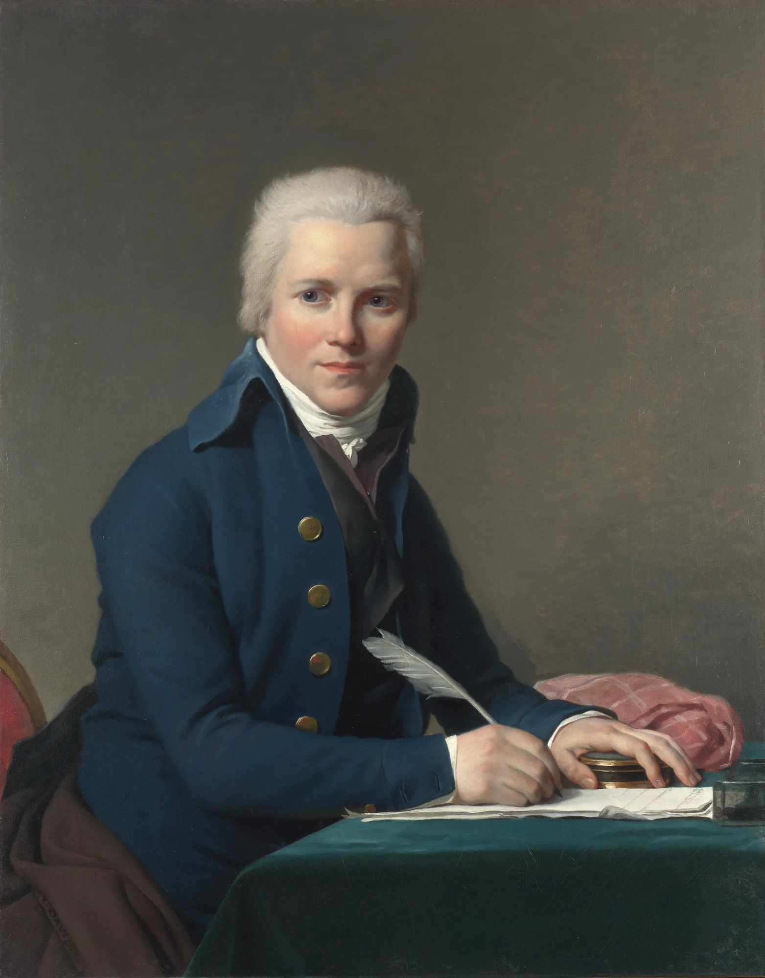 Portrait of Jacobus Blauw Portrait of Jacobus Blauw by Jacques-Louis David. A man with powdered hair wearing a vibrant blue double-breasted coat sits at a green-clothed desk, holding a quill to paper.