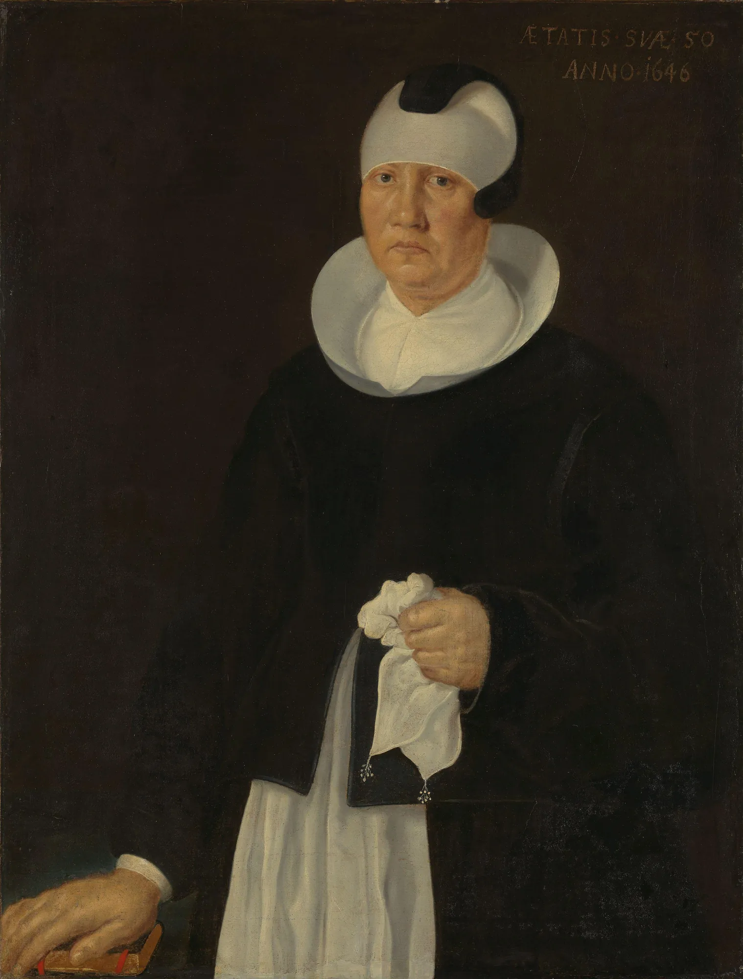 Portrait of Marthe Jensdatter Ruus Portrait of Marthe Jensdatter Ruus by Unknown Artist. A half-length portrait of a woman in a black gown and wide white collar, holding a white handkerchief.