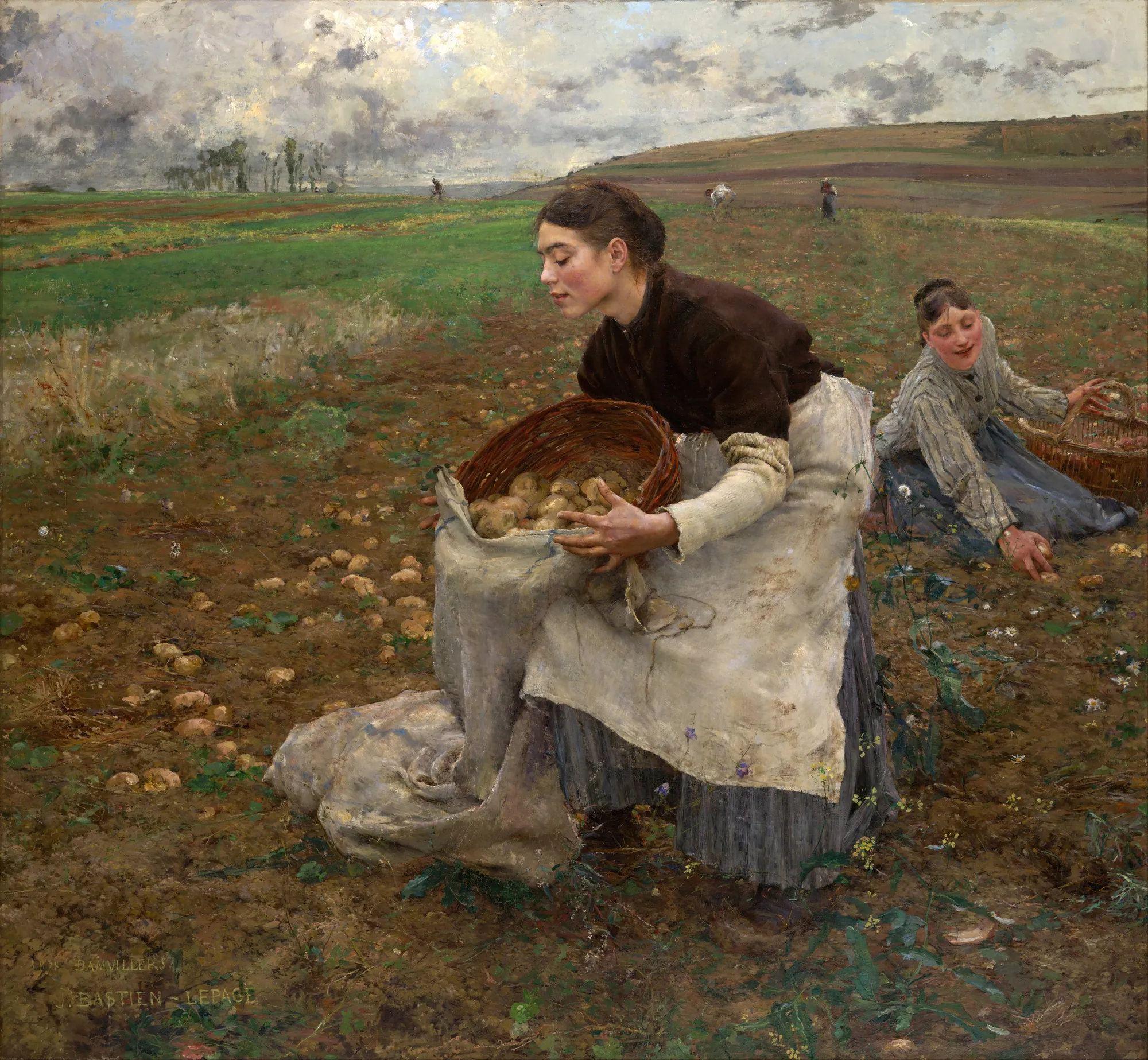 October (Saison d'octobre) October (Saison d'octobre) by Jules Bastien-Lepage. Two women in peasant attire are harvesting potatoes in a large, tilled field under a vast, cloudy autumn sky.