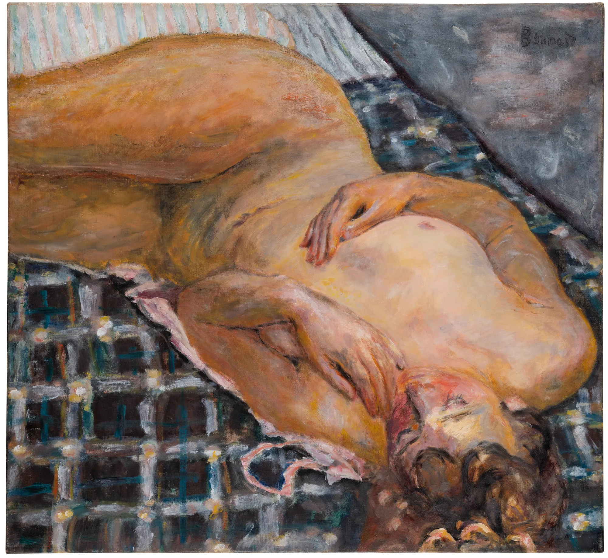 Reclining Nude against a White and Blue Plaid