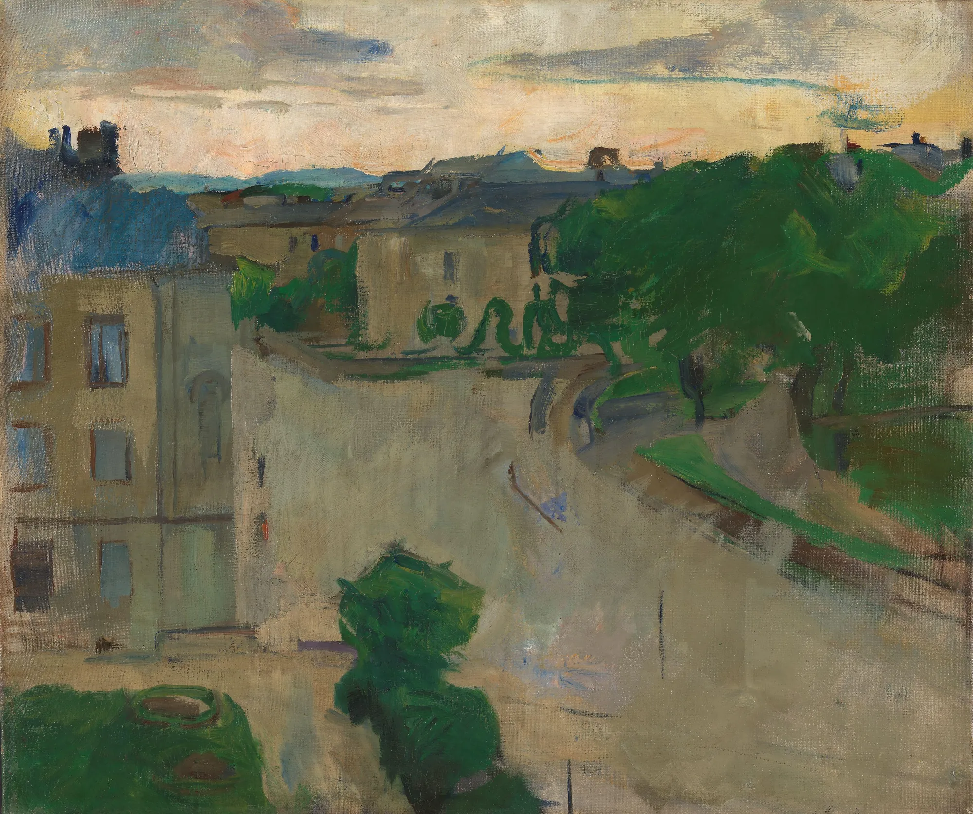 View from my Balcony, Hansteensgate 2 View from my Balcony, Hansteensgate 2 by Harriet Backer. An impressionistic view of an urban street and buildings from an elevated balcony, featuring lush green trees and a soft, hazy sky.
