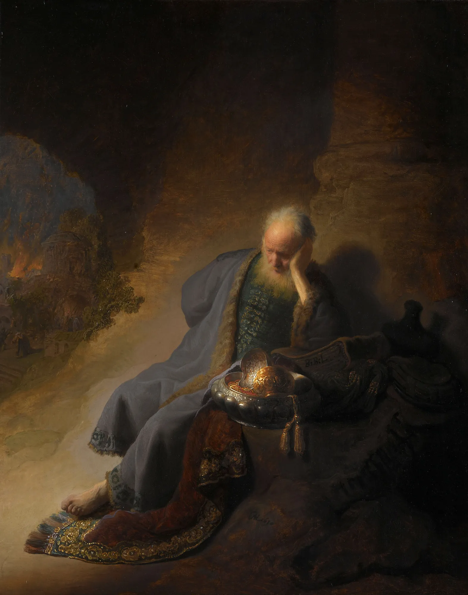 Jeremiah Lamenting the Destruction of Jerusalem Jeremiah Lamenting the Destruction of Jerusalem by Rembrandt. An elderly, bearded man in rich fur-lined robes sits in a somber pose, leaning his head on his hand amidst gold treasures while a city fires in the background.