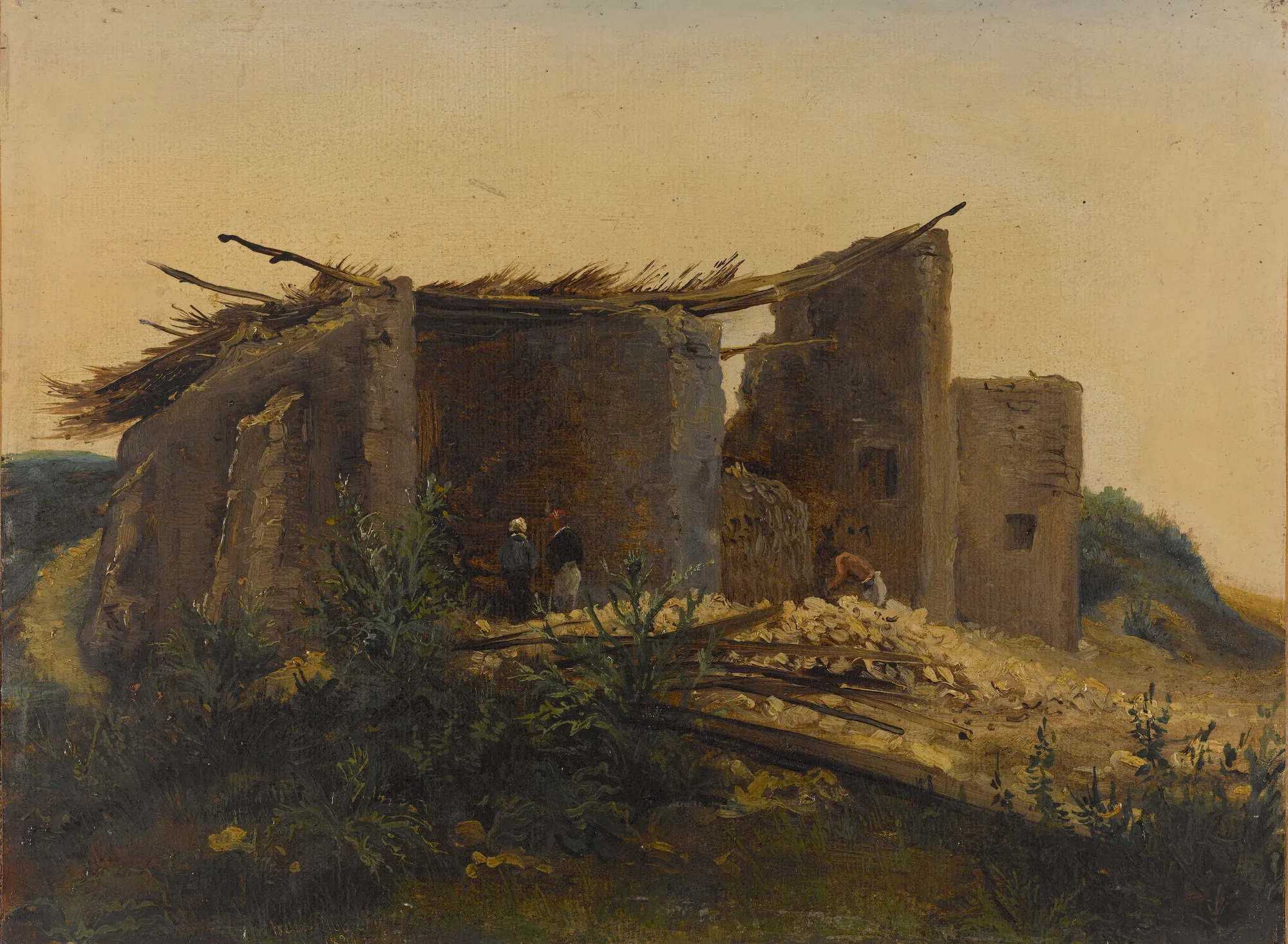 Plaster Kiln at Montmartre Plaster Kiln at Montmartre by Henri Macaire. A ruined stone structure with a thatched roof stands under a pale sky, surrounded by sparse vegetation and small figures at work.