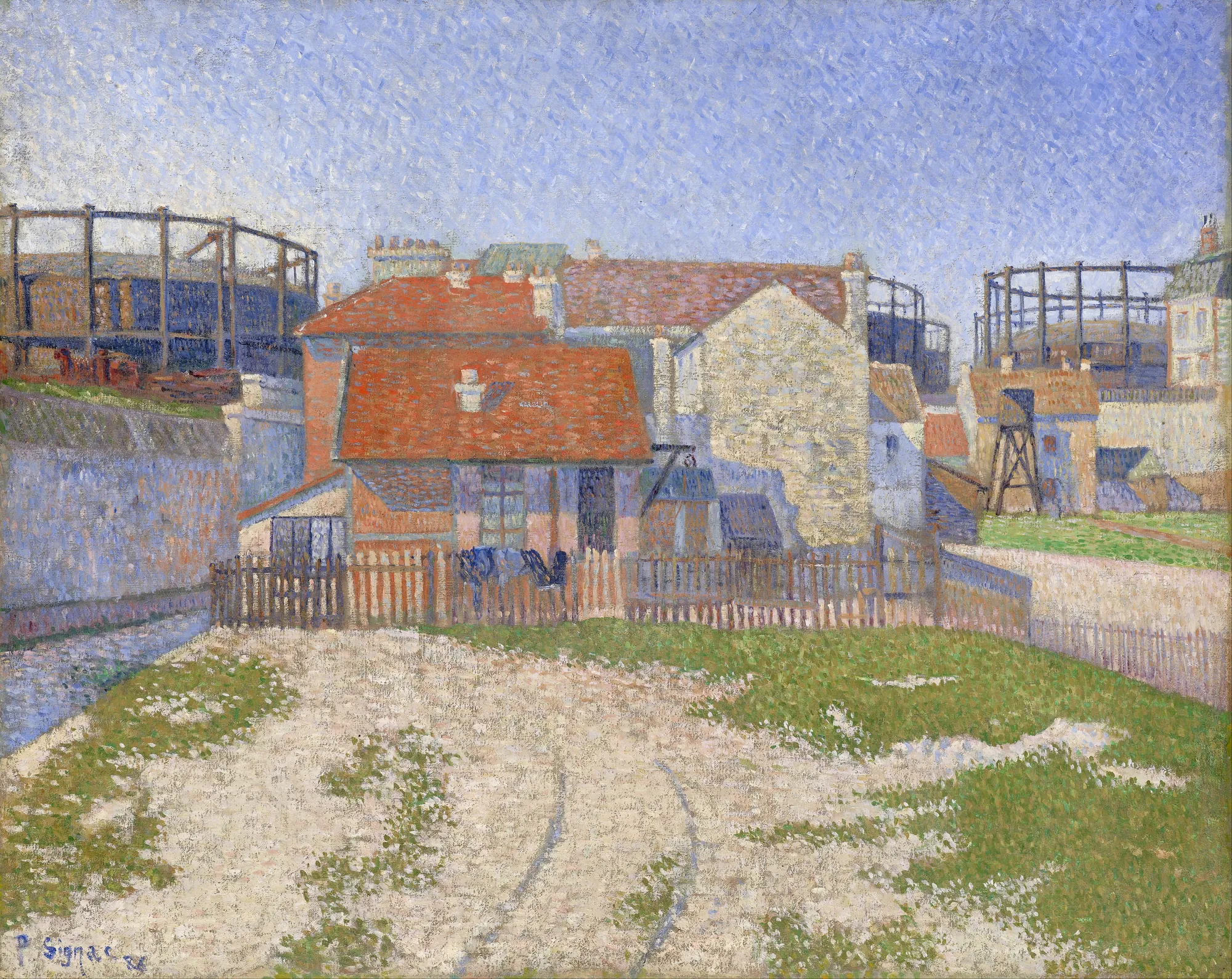 Gasometers at Clichy Gasometers at Clichy by Paul Signac. A Pointillist landscape depicting sunlit houses with red-tiled roofs and industrial gasometers under a bright, textured blue sky.