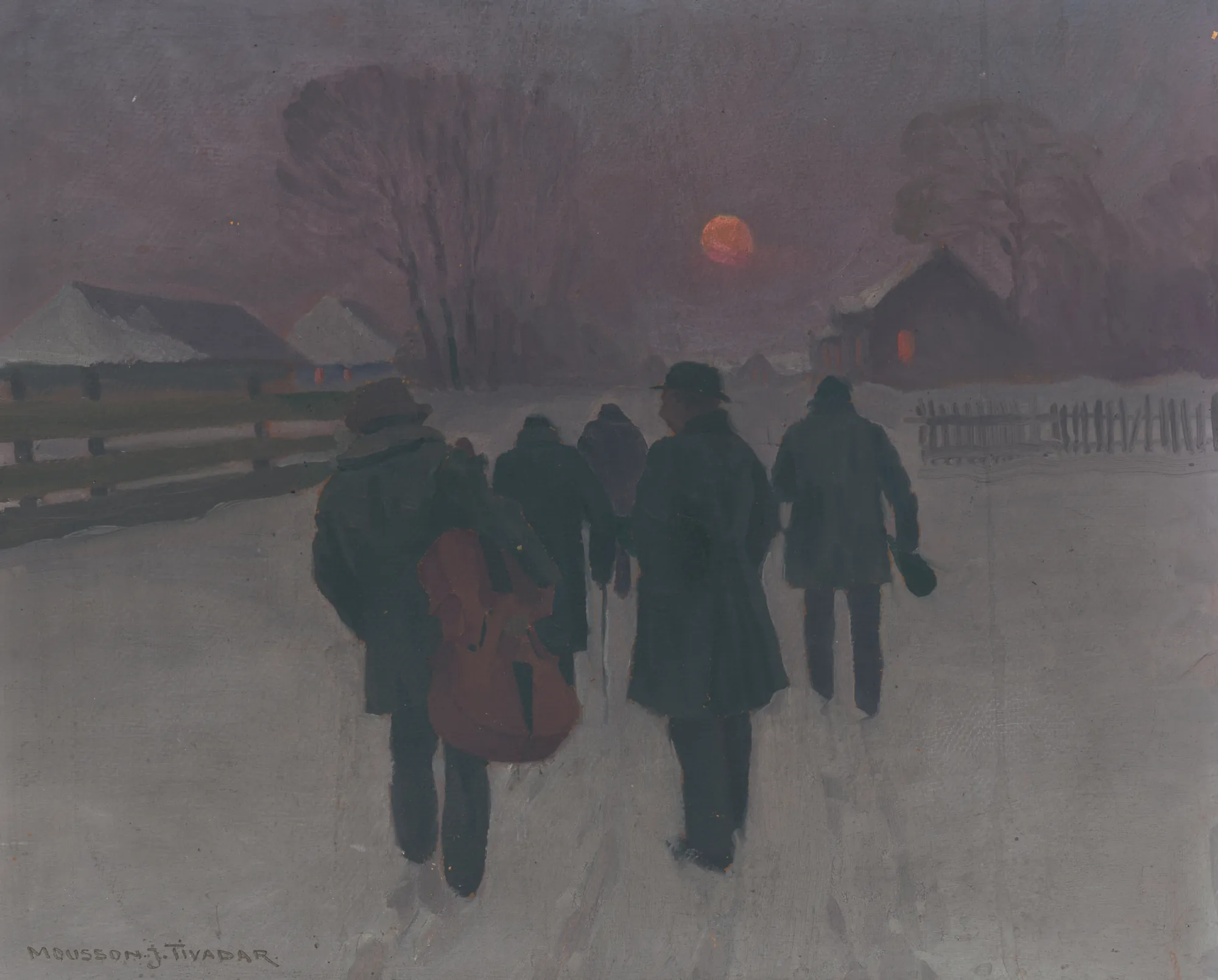 Musicians Returning at Dawn Through a Snowy Landscape
