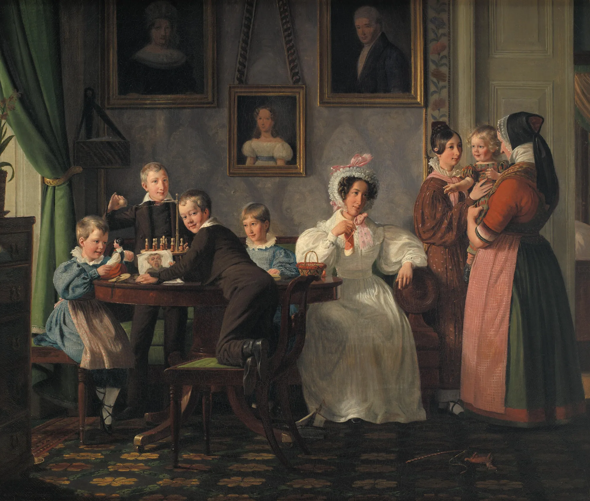 The Waagepetersen Family The Waagepetersen Family by Wilhelm Marstrand. A large family and their household staff are gathered in a richly detailed nineteenth-century interior featuring paintings on the wall and children at play.