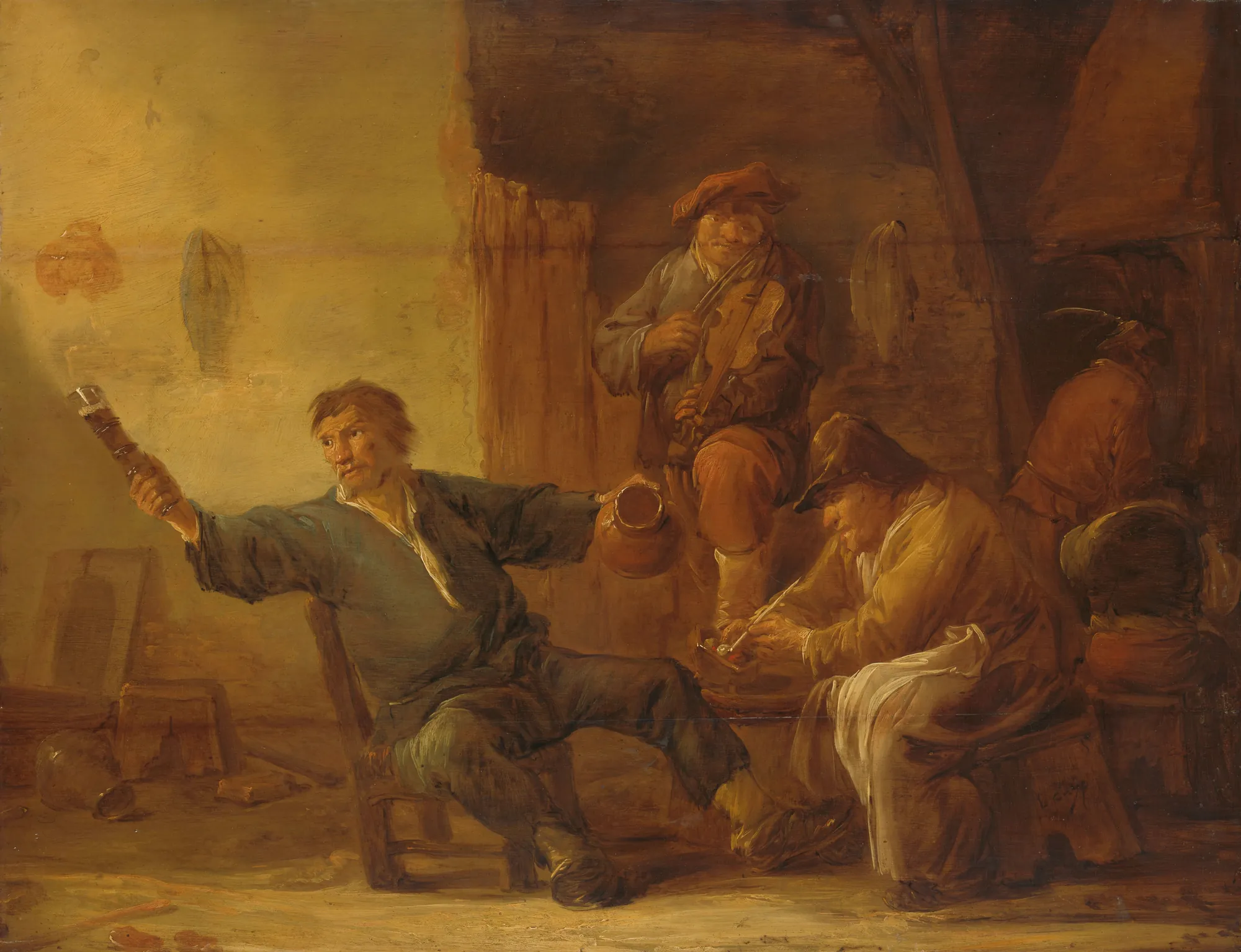 Interior of a Peasant Hut Interior of a Peasant Hut by Benjamin Gerritsz Cuyp. A lively genre scene depicting men gathered in a rustic interior, including a figure raising a glass and another playing the violin.