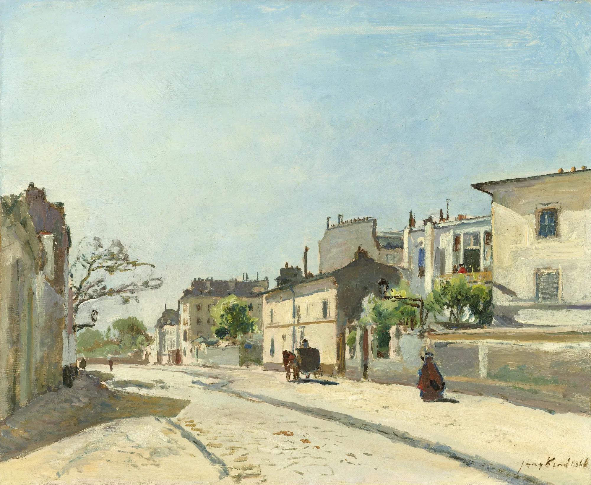 Rue Nôtre-Dame, Paris Rue Nôtre-Dame, Paris by Johan Jongkind. An impressionistic oil painting of a sun-drenched Parisian street with low-rise buildings and a horse-drawn carriage under a clear sky.