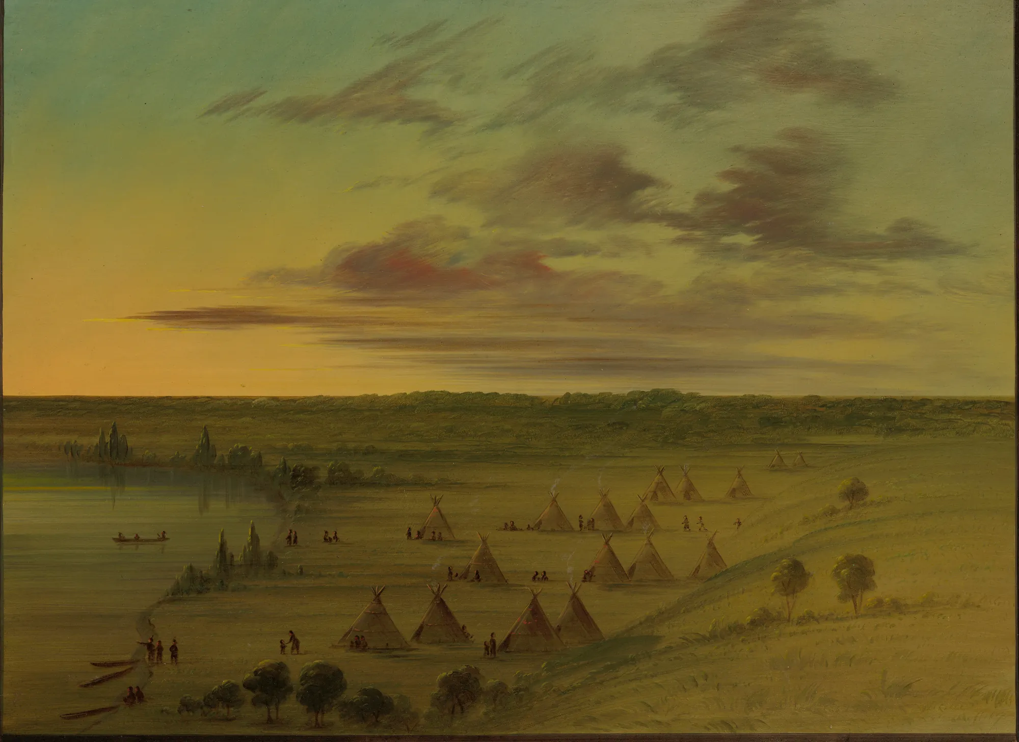 Sioux Village - Lac du Cygne Sioux Village - Lac du Cygne by George Catlin. A 19th-century landscape painting depicting a Sioux village of numerous tipis along a lake shore under a soft, clouded sky.