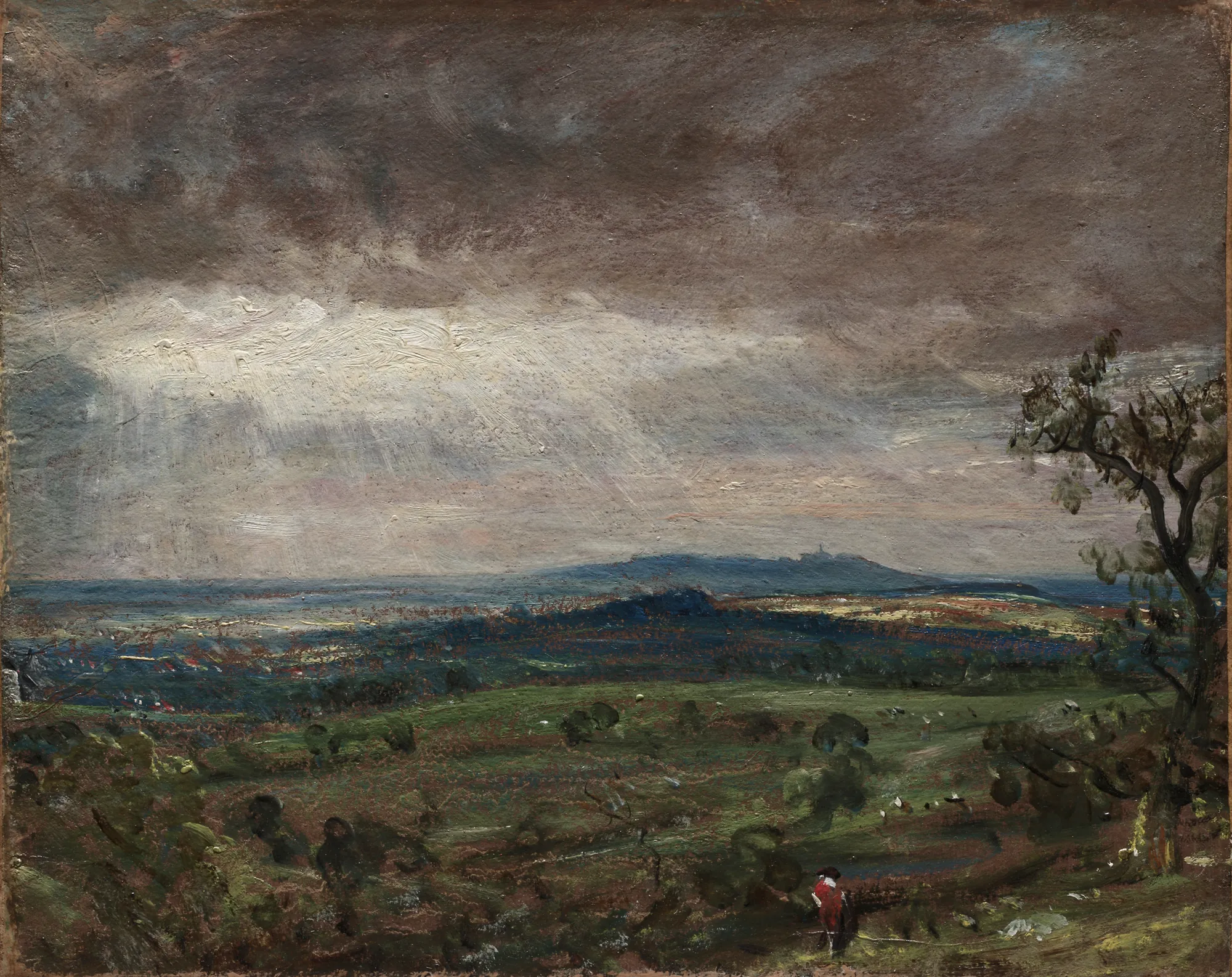 Hampstead Heath, Looking Toward Harrow Hampstead Heath, Looking Toward Harrow by John Constable. An atmospheric oil study of a rolling green landscape under a heavy, dramatic sky with a single figure in a red coat.