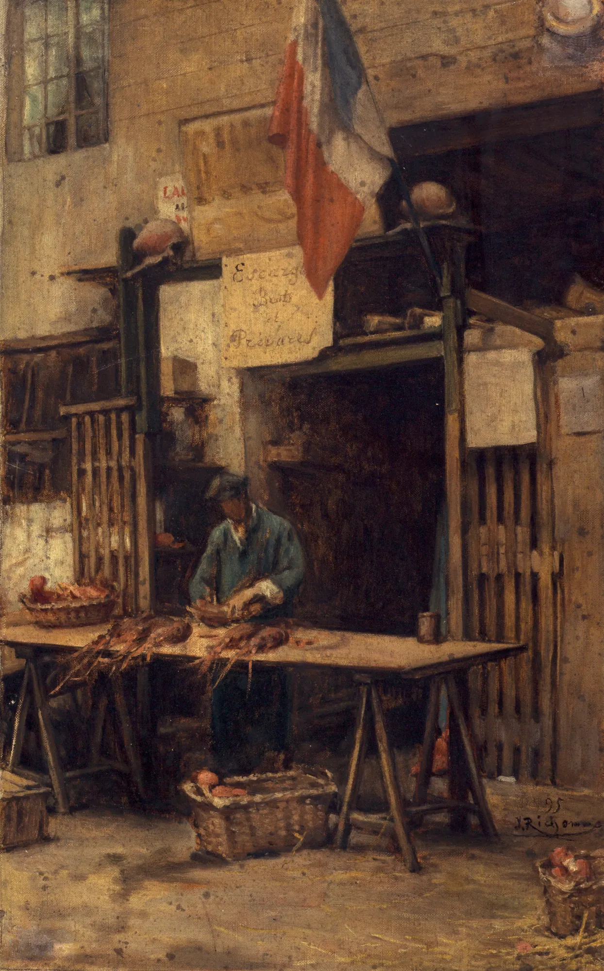 La Cour du Heaume, Rue Pirouette La Cour du Heaume, Rue Pirouette by Jules Richomme. A man in a blue coat works at a wooden trestle table in a Parisian street market, beneath a French flag and a sign advertising escargots.