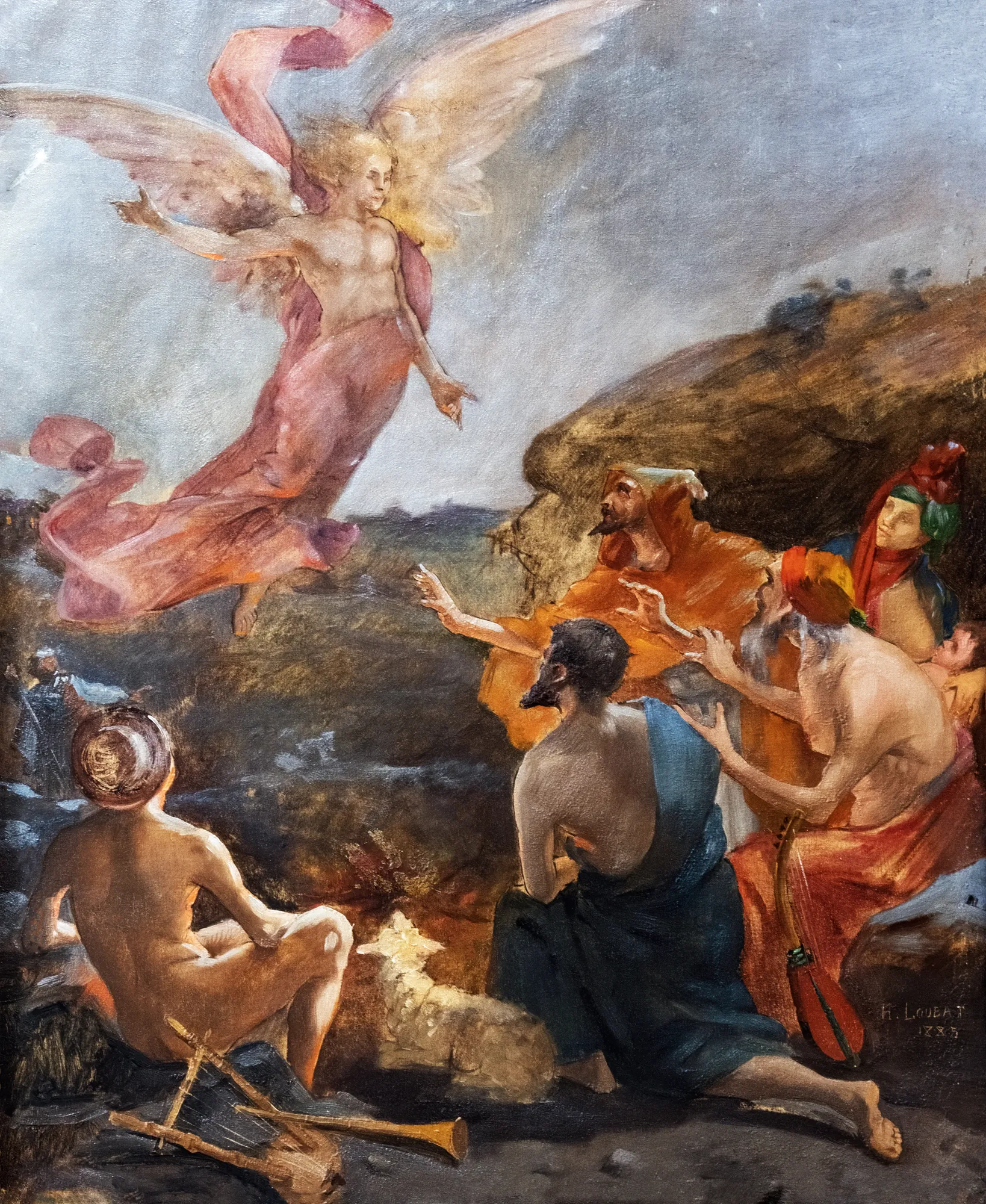 L'Annonce Faite aux Bergers L'Annonce Faite aux Bergers by Henri Loubat. An ethereal angel descends from a luminous sky to address a group of shepherds gathered around a glowing fire at night.