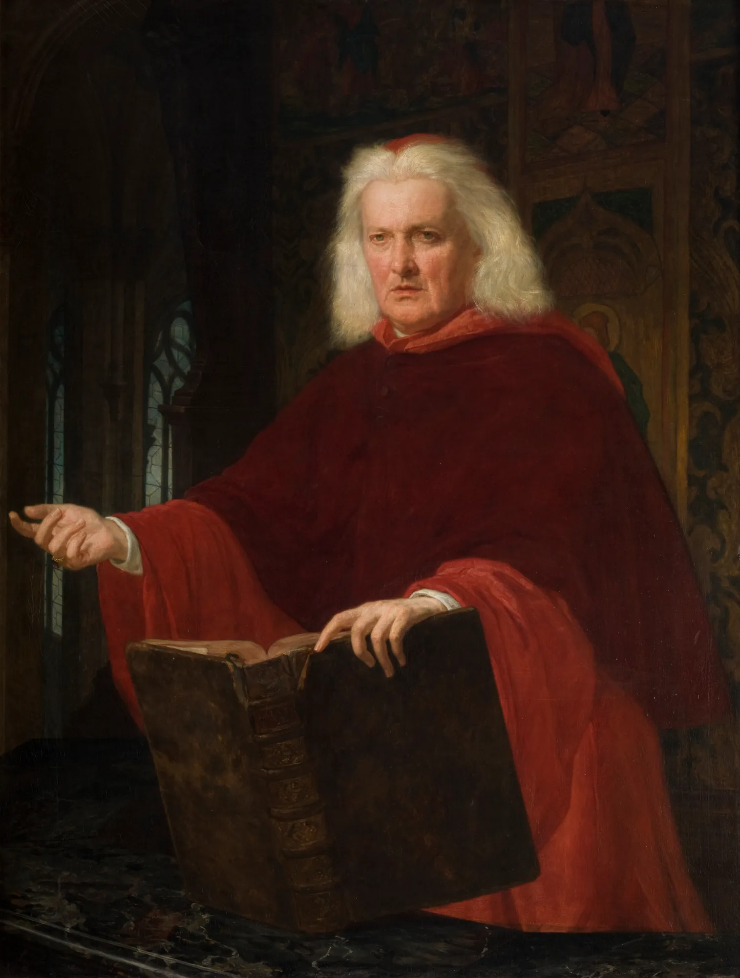 Cardinal Cardinal by Henryk Rodakowski. A portrait of an elderly cardinal with white hair, dressed in vibrant red robes, resting his hands on a large, open book against a dark background.