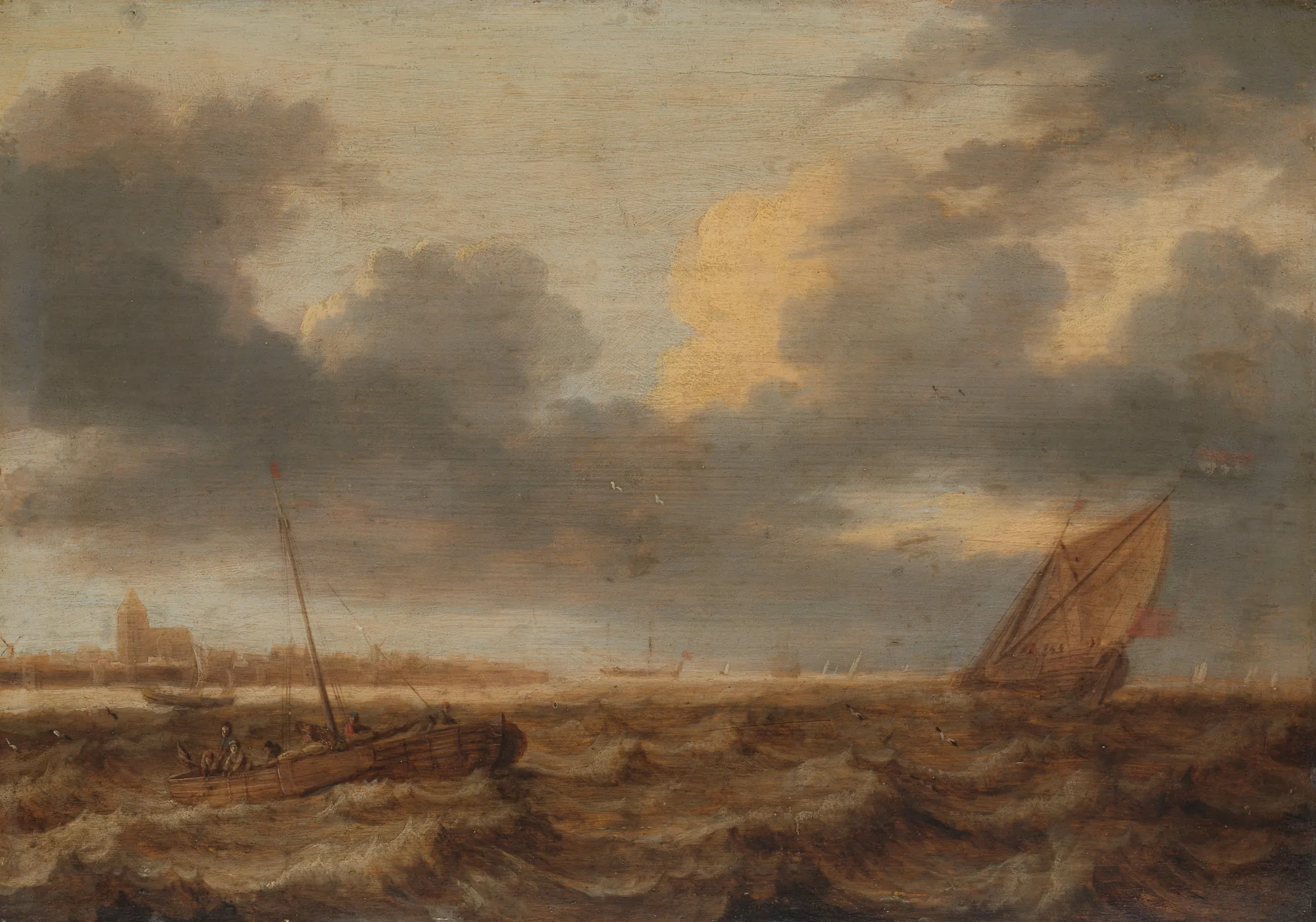 Fishing Boats in Choppy Waters Fishing Boats in Choppy Waters by Jan Porcellis. A scene of wooden fishing vessels navigating turbulent waves under a vast, cloud-filled sky.