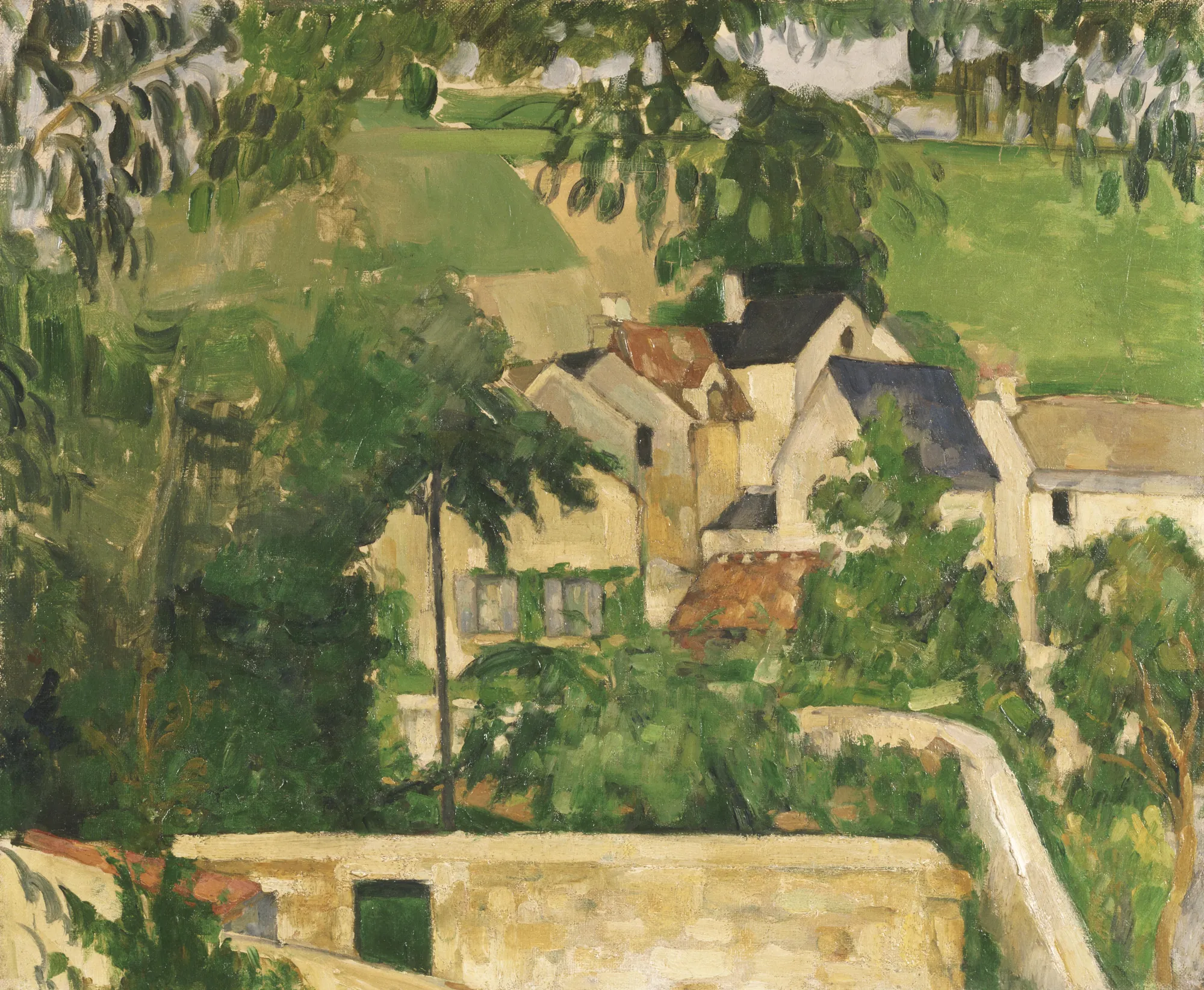 Quartier Four, Auvers-sur-Oise Quartier Four, Auvers-sur-Oise by Paul Cézanne. A collection of houses with white walls and gabled roofs nestled within a dense green landscape of trees and hills.