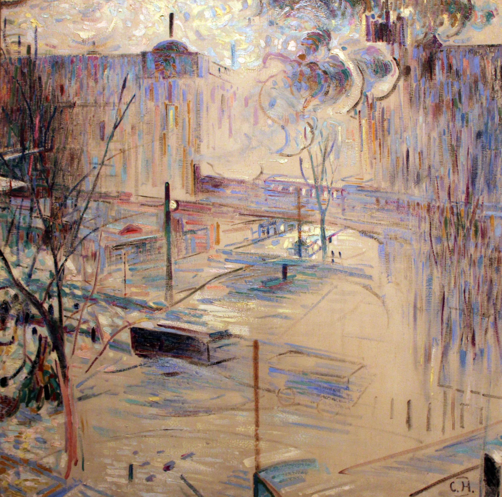 Savignyplatz with City Railway Bridge Savignyplatz with City Railway Bridge by Curt Herrmann. A Neo-Impressionist cityscape of a Berlin square featuring a railway bridge and plumes of colorful steam, rendered with dense vertical brushstrokes.