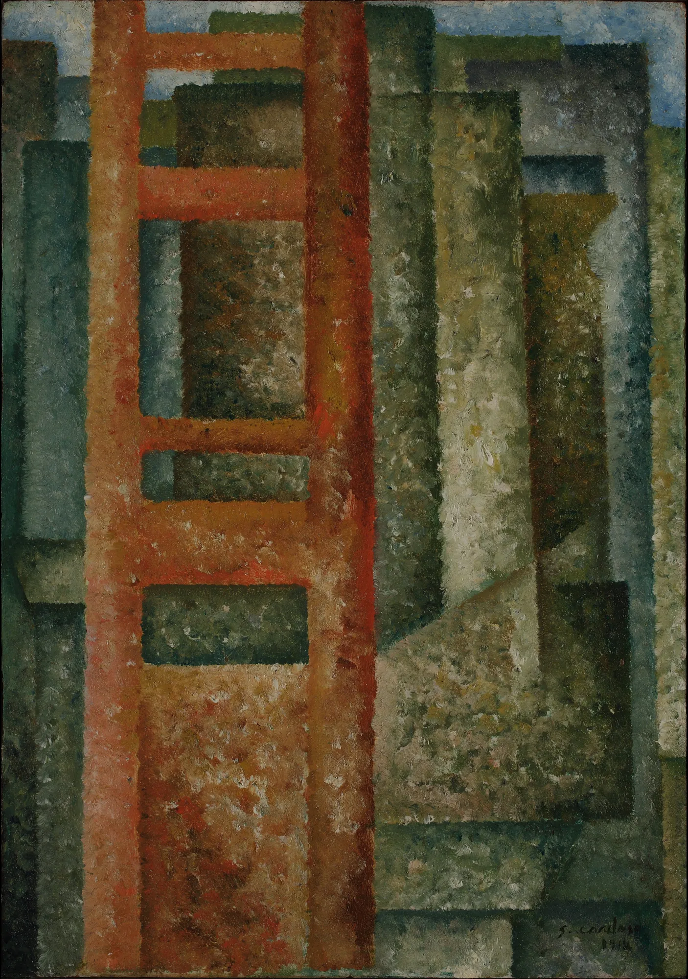 By the Windows (Unfolding – Intersection) By the Windows (Unfolding – Intersection) by Amadeo de Souza Cardoso. An abstract composition of interlocking vertical rectangles in shades of rust-red, earthy green, and muted blue.