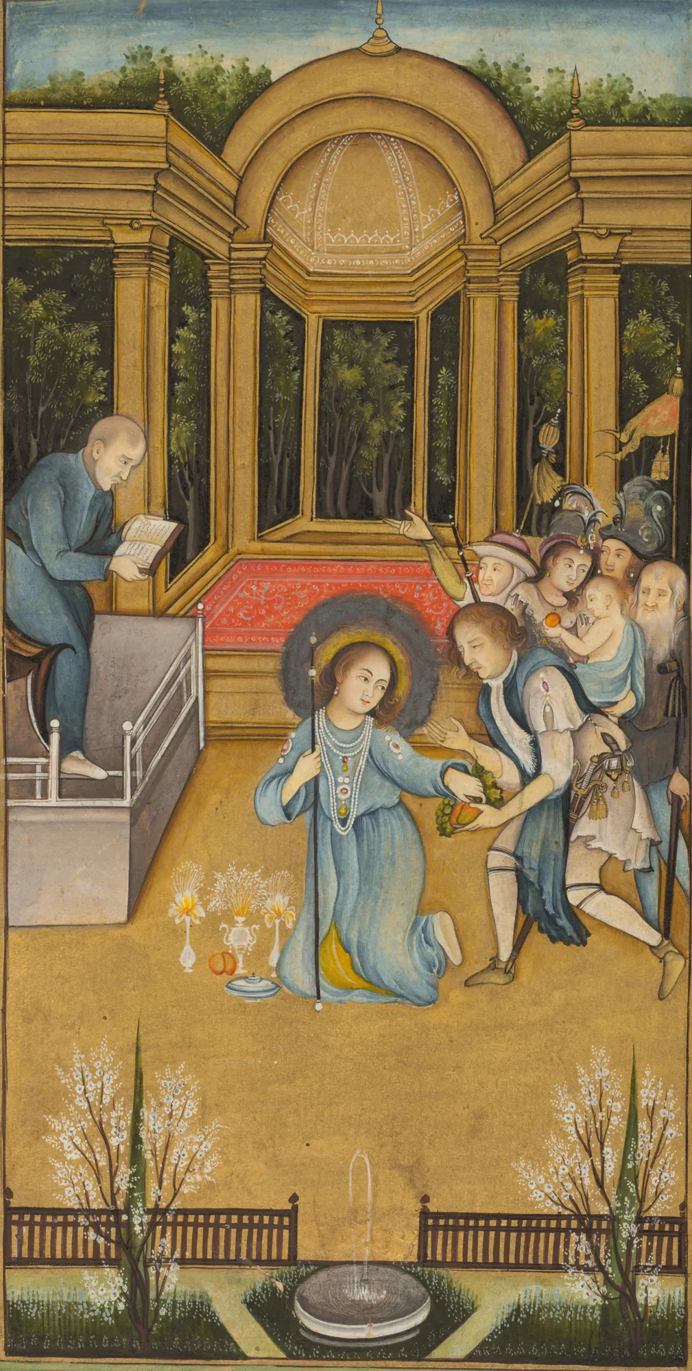 Jesus Among the Doctors in the Temple Jesus Among the Doctors in the Temple by Mir Kalan Khan. A young, haloed Jesus kneels before a group of scholars and figures within an ornate architectural pavilion overlooking a garden.