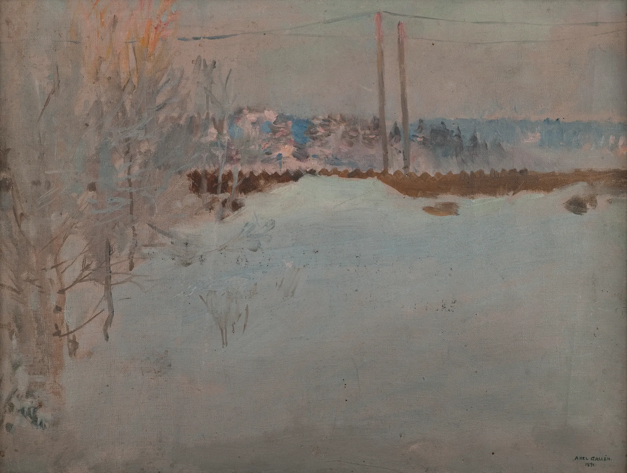 Foggy Morning at Malmi Foggy Morning at Malmi by Akseli Gallen-Kallela. A muted winter landscape featuring a snow-covered field under a thick, hazy sky with bare trees and distant power lines.