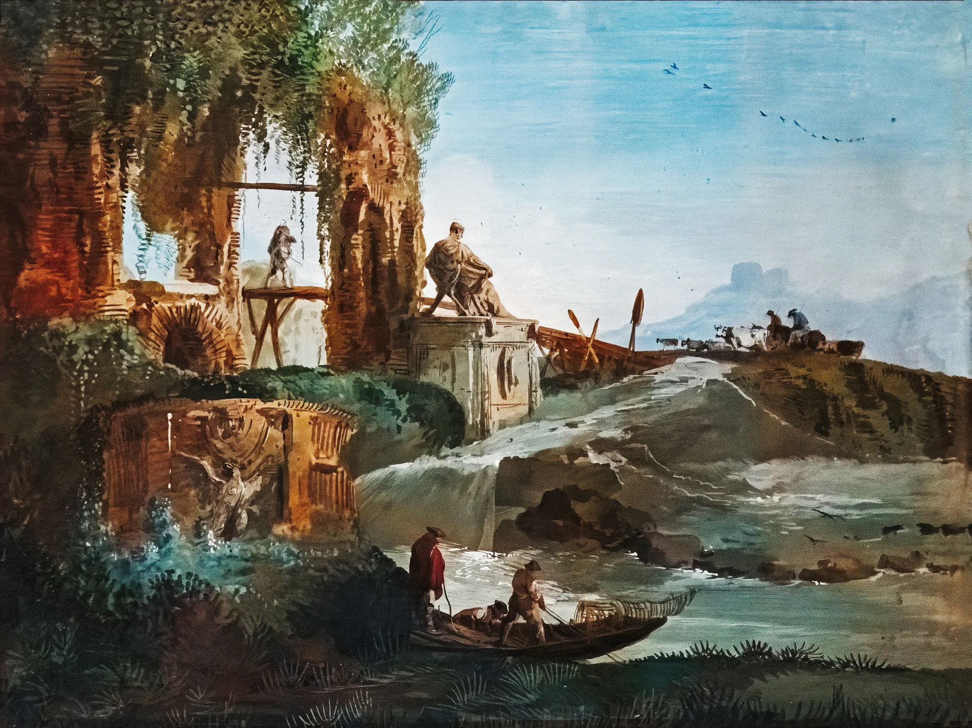 Landscape with Waterfall and Ancient Monument