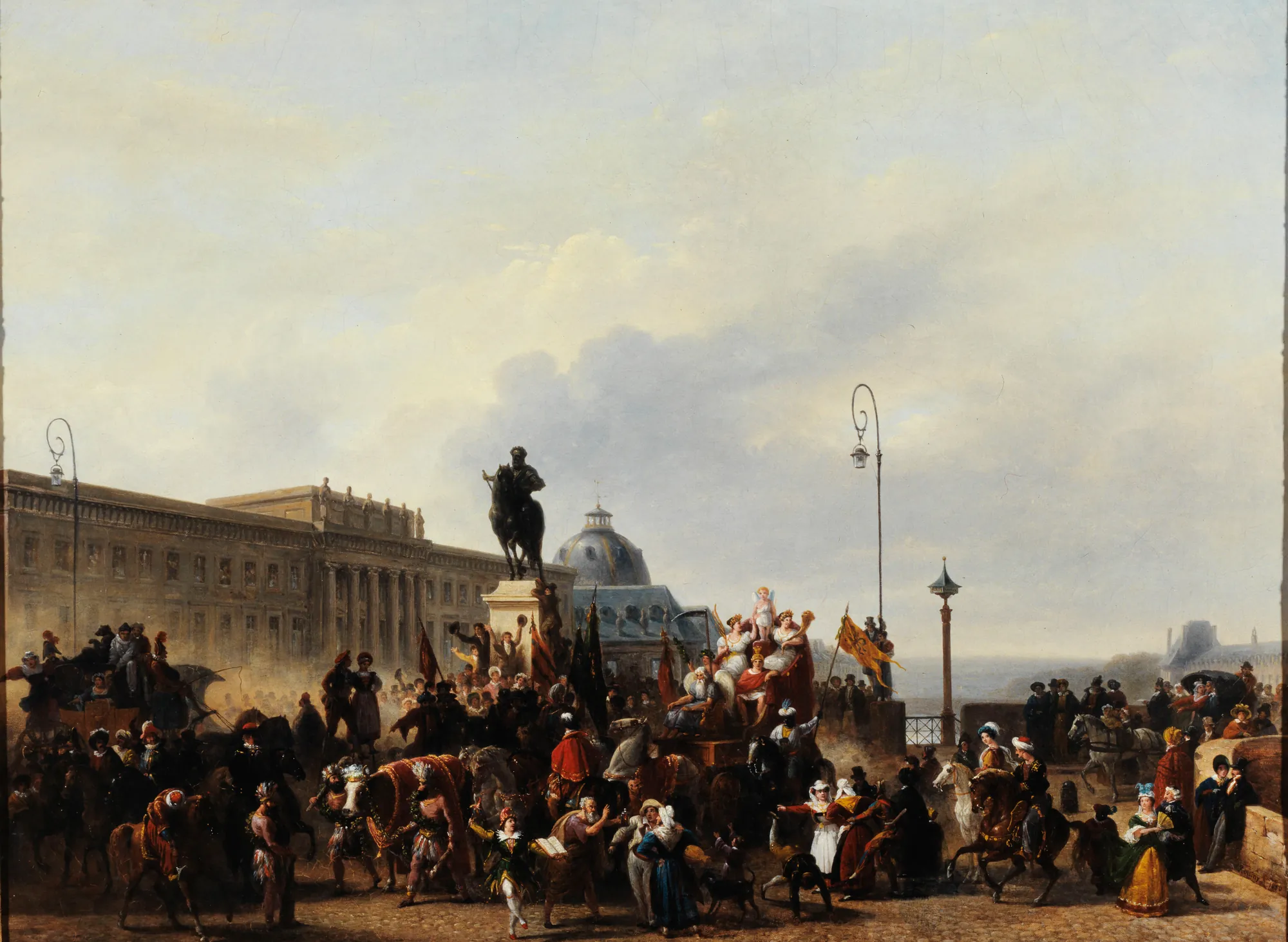 Mascarade sur le Pont-Neuf Mascarade sur le Pont-Neuf by Guillaume Frédéric Ronmy. A bustling scene of a masquerade festival on the Pont-Neuf in Paris, featuring a dense crowd of costumed figures and carriages gathered near an equestrian statue.