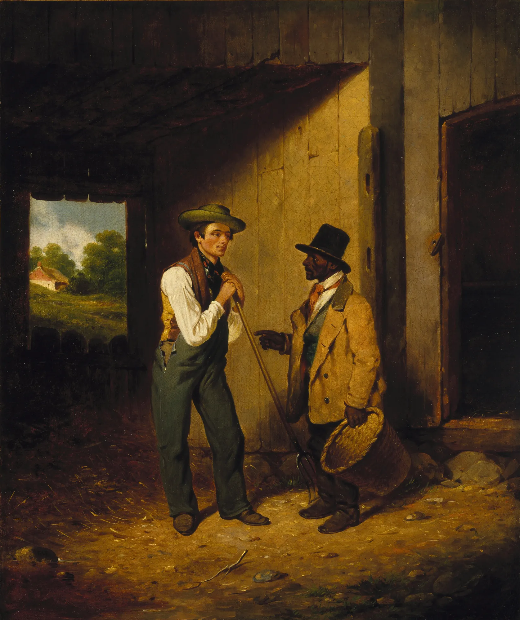 All Talk and No Work All Talk and No Work by Francis William Edmonds. Two men engaged in conversation inside a rustic barn, illuminated by a strong shaft of light against deep shadows.