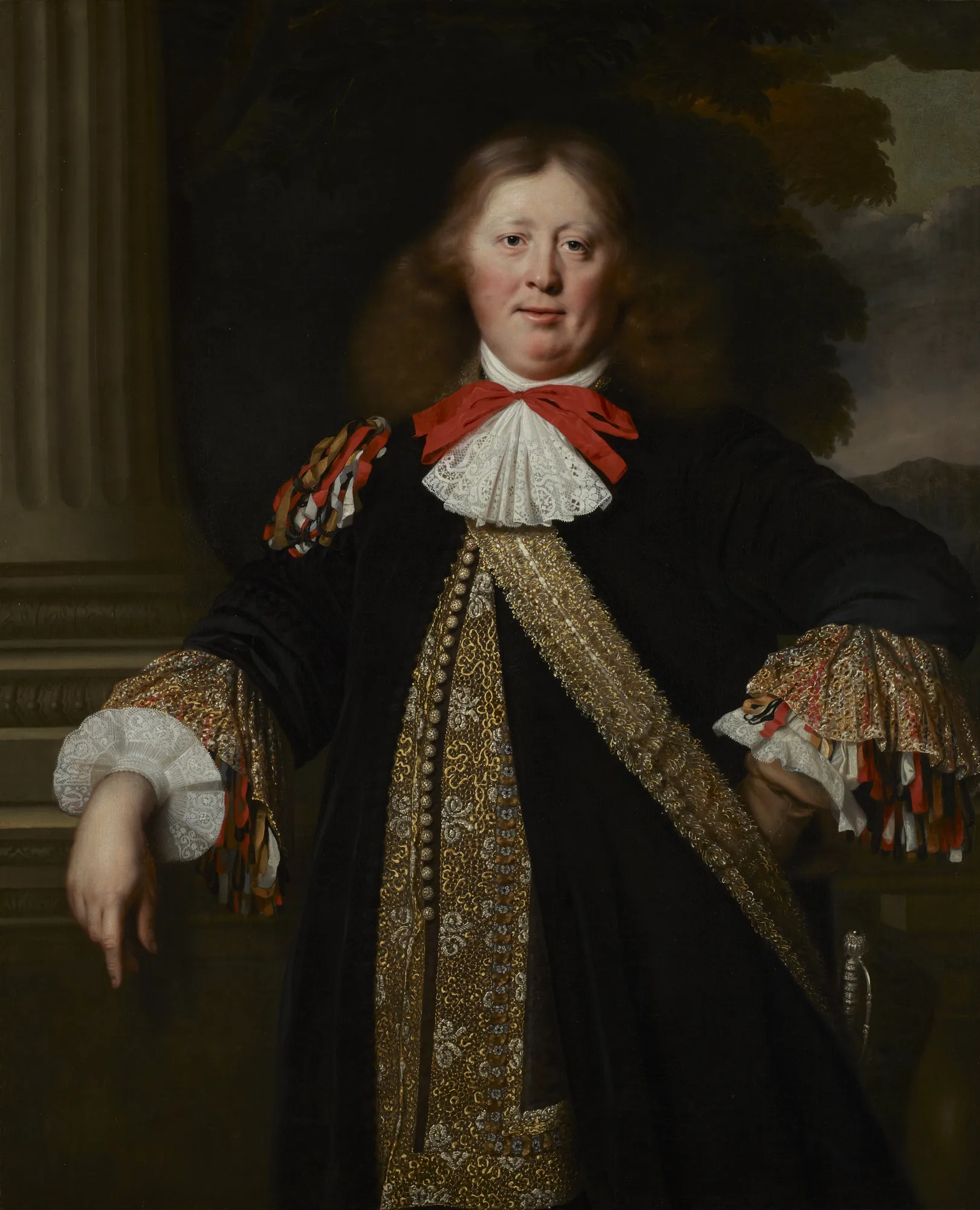 Portrait of a Burgomaster Portrait of a Burgomaster by Bartholomeus van der Helst. A three-quarter length portrait of a man in ornate 17th-century Dutch attire, featuring a prominent red bow, white lace cravat, and gold-embroidered waistcoat.