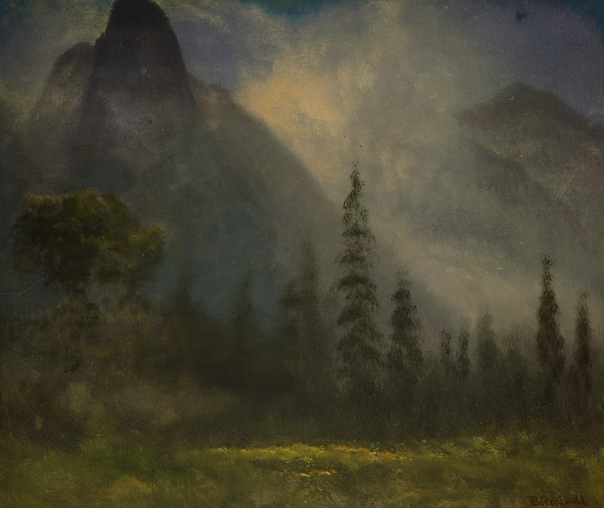Yosemite Valley Yosemite Valley by Albert Bierstadt. A misty, atmospheric landscape painting of Yosemite Valley featuring dark pine trees in the midground and towering granite cliffs rising through the fog.
