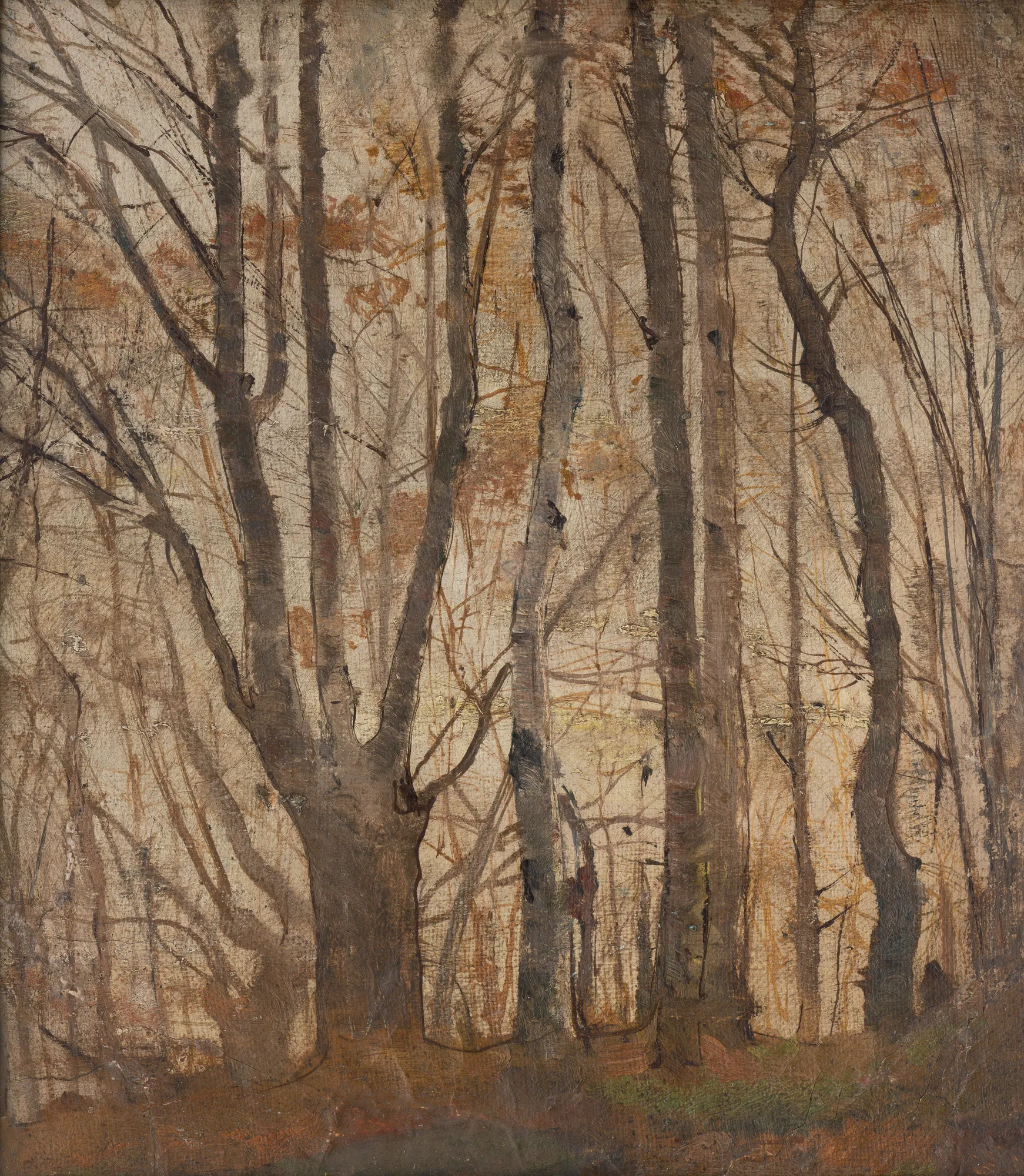 Autumn Forest Autumn Forest by László Mednyánszky. A series of slender, vertical tree trunks with sparse branches stand against a hazy, light-brown background.