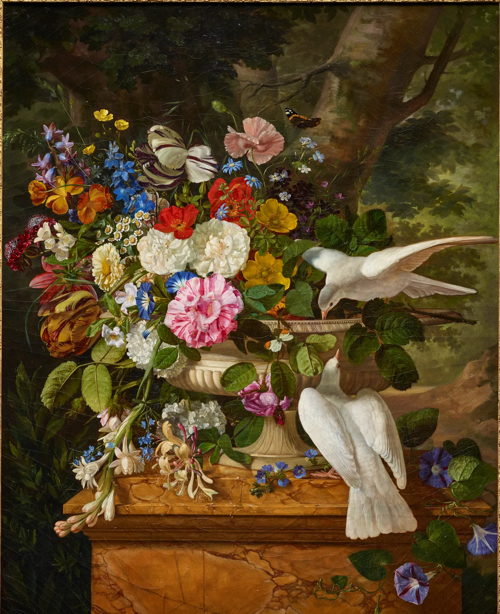 Flowers in a Vase with Two Doves