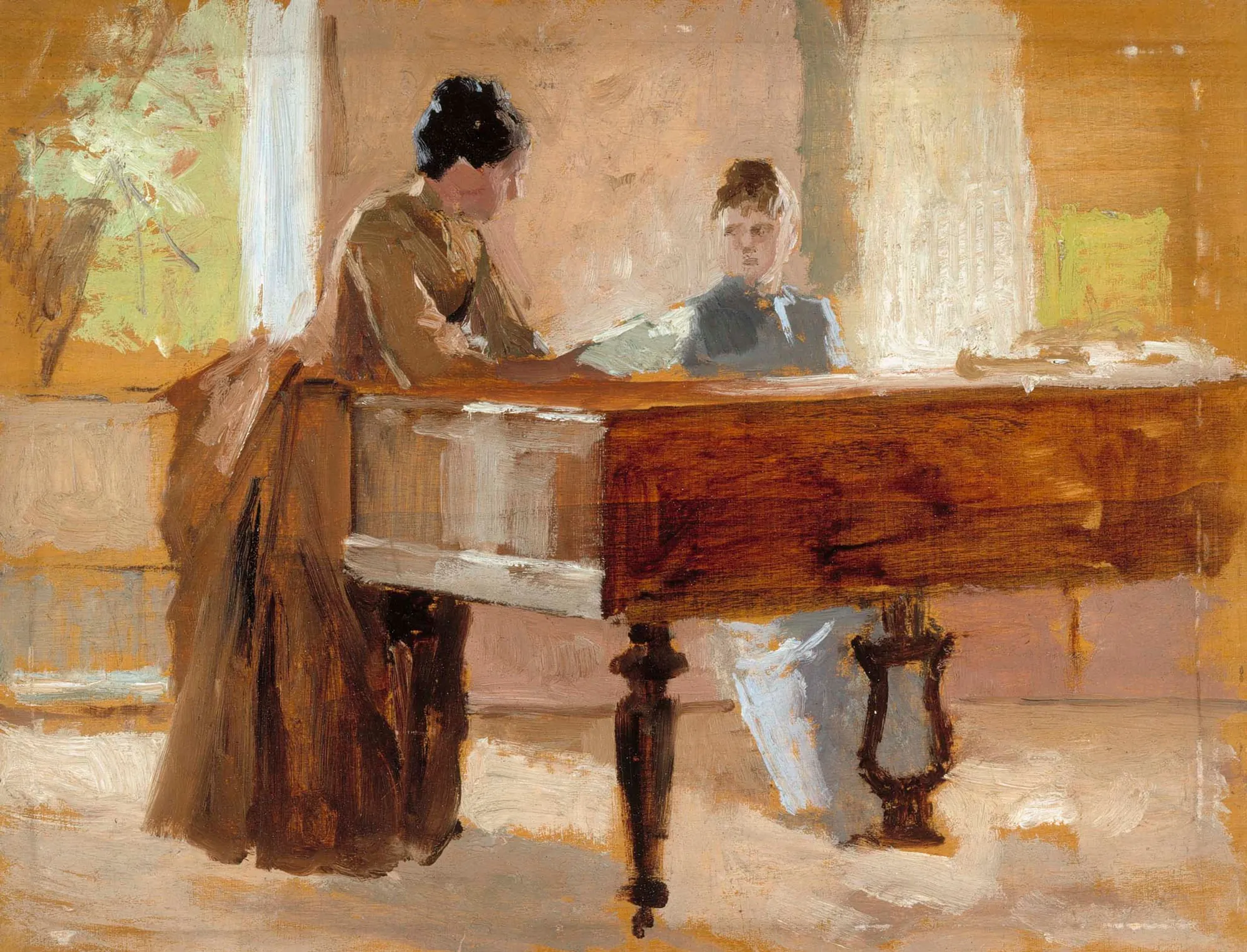 In the Drawing Room at Haikko In the Drawing Room at Haikko by Albert Edelfelt. An impressionistic oil sketch depicting two women at a piano in a warm, sun-drenched interior room.