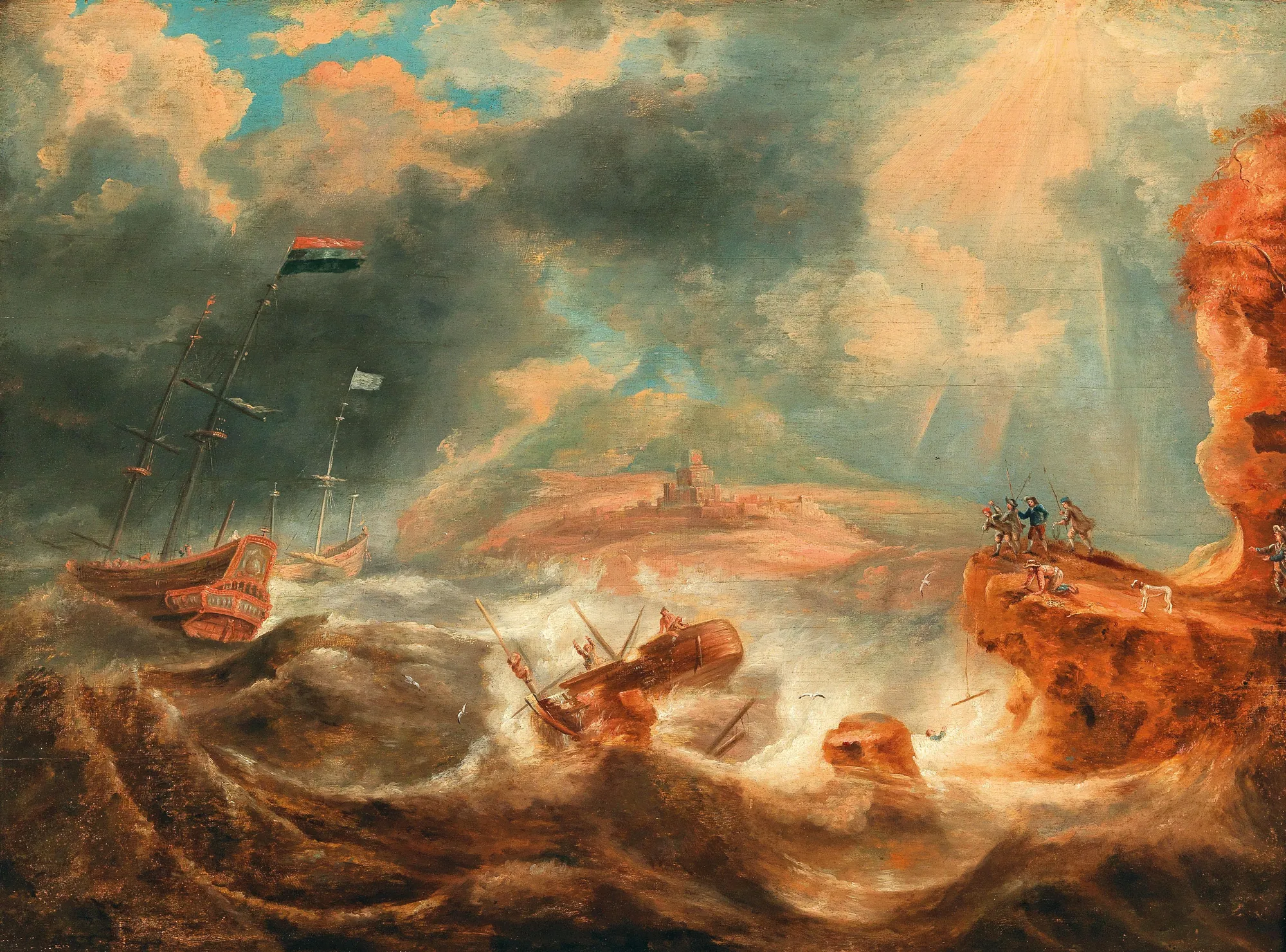 A Shipwreck off a Rocky Coast A Shipwreck off a Rocky Coast by Jan Peeters the Elder. A 17th-century oil painting depicting a dramatic shipwreck in stormy seas beside a rugged, glowing cliffside.