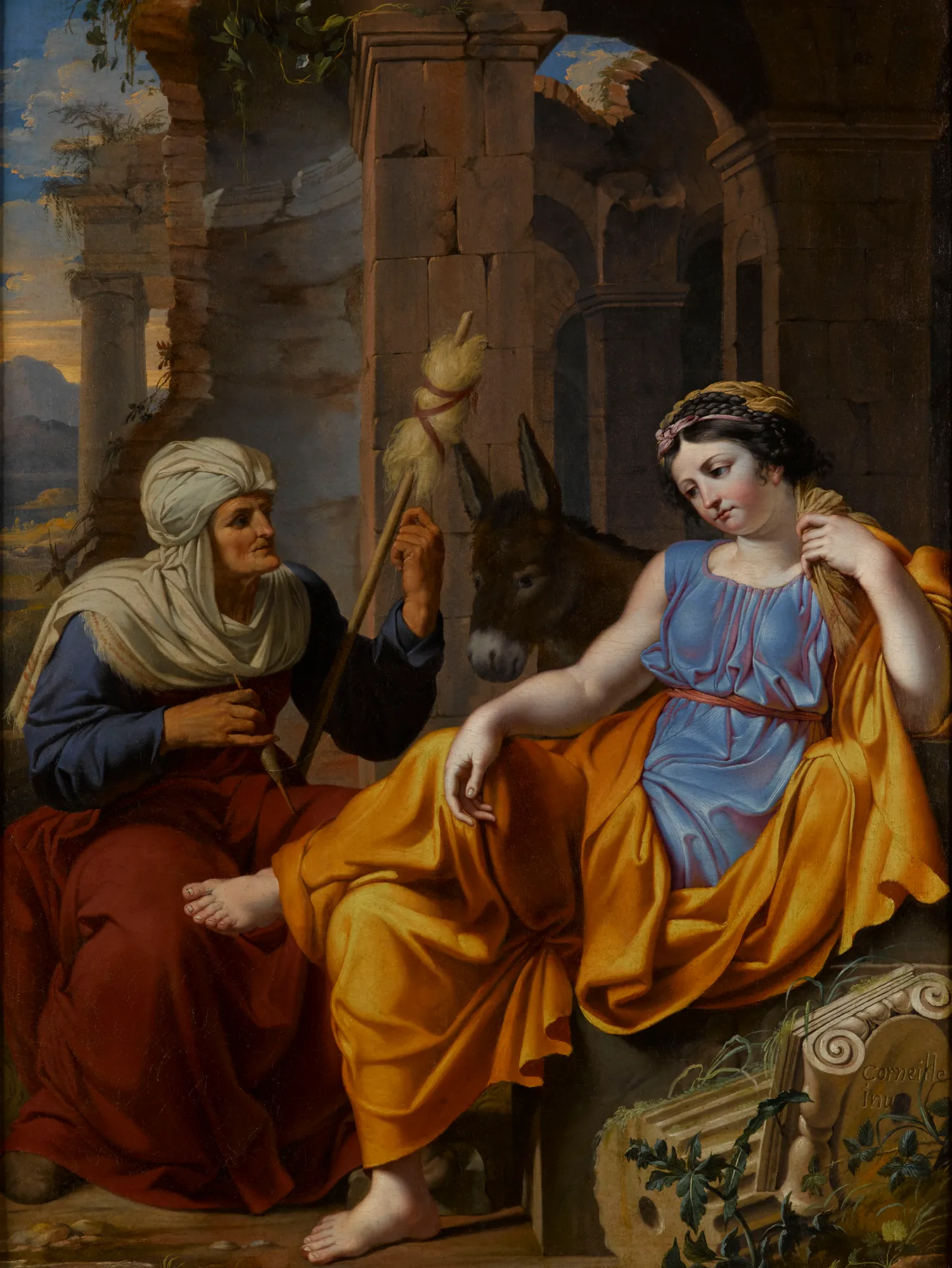 La Vieille et Charité La Vieille et Charité by Michel Corneille the Elder. An elderly woman in a turban speaks to a young woman in vibrant blue and yellow robes, while a donkey watches from the shadows of classical ruins.