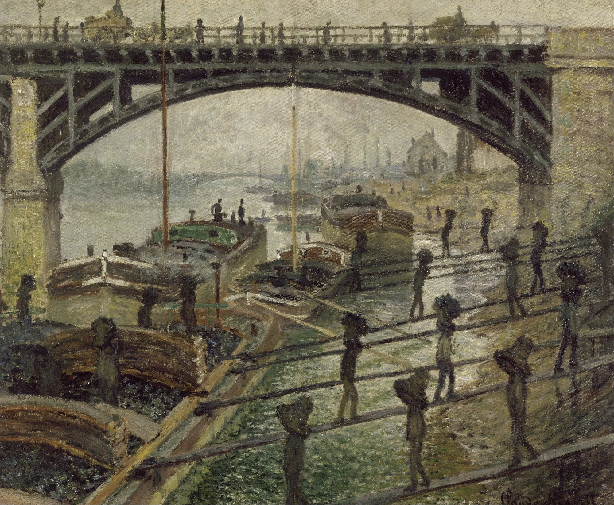 The Coalmen The Coalmen by Claude Monet. Workers carry sacks of coal across narrow wooden planks beneath the massive iron span of a bridge in an industrial port.