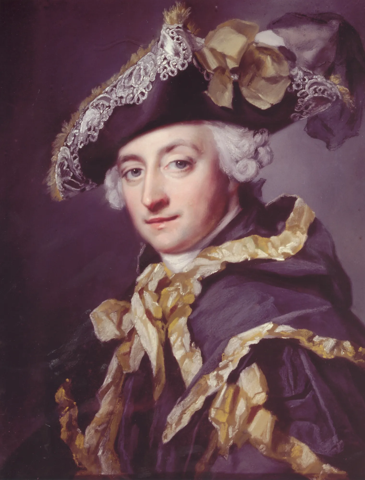 Hon. Josiah Child Hon. Josiah Child by Francis Cotes. A high-contrast pastel portrait of a young man in an ornate lace-trimmed tricorn hat and a purple cloak.