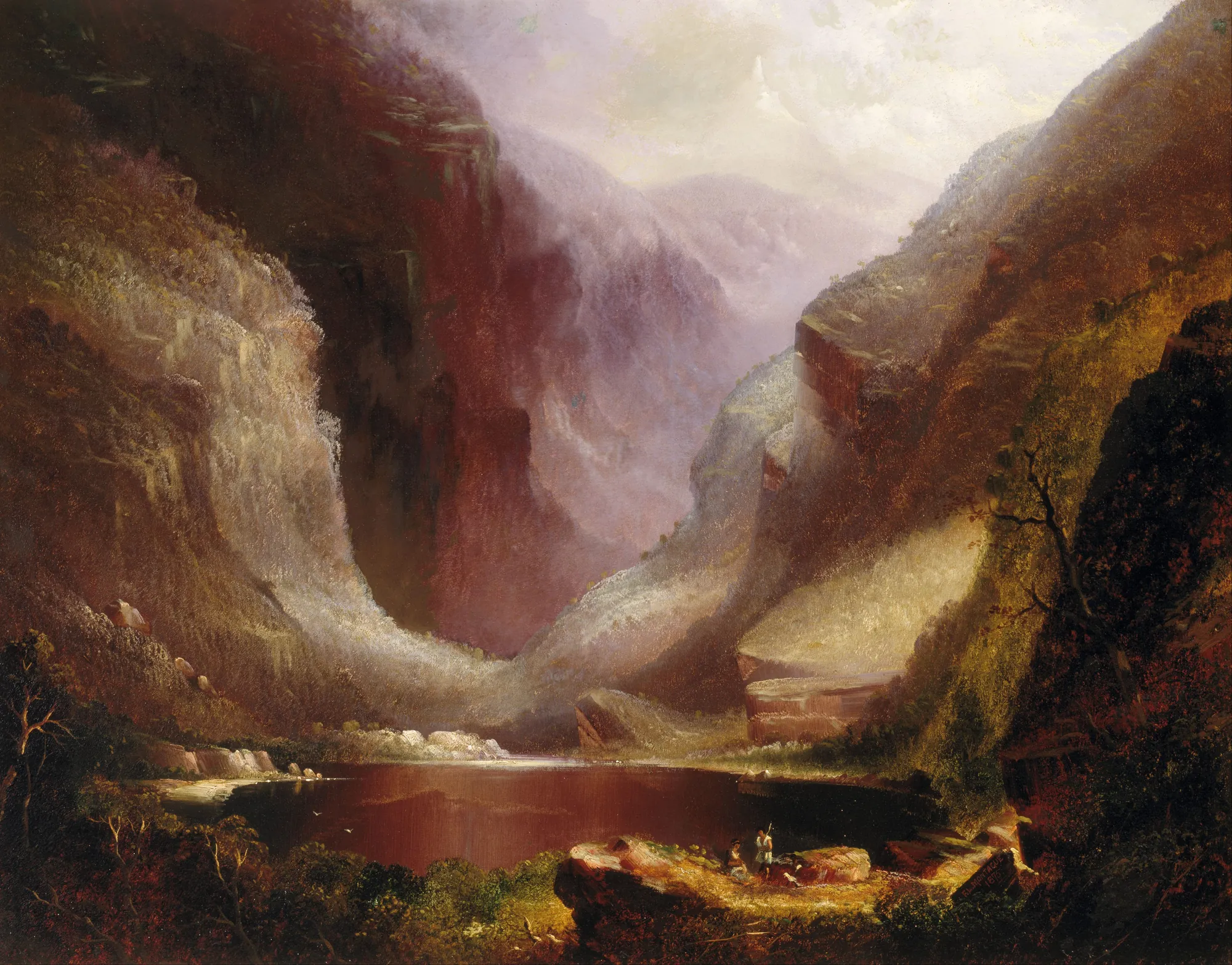 Mount Warning, New South Wales Mount Warning, New South Wales by Fearnleigh Montagu. A dramatic landscape painting of steep, shadowed cliffs framing a central valley with a calm lake and misty mountains under a bright sky.