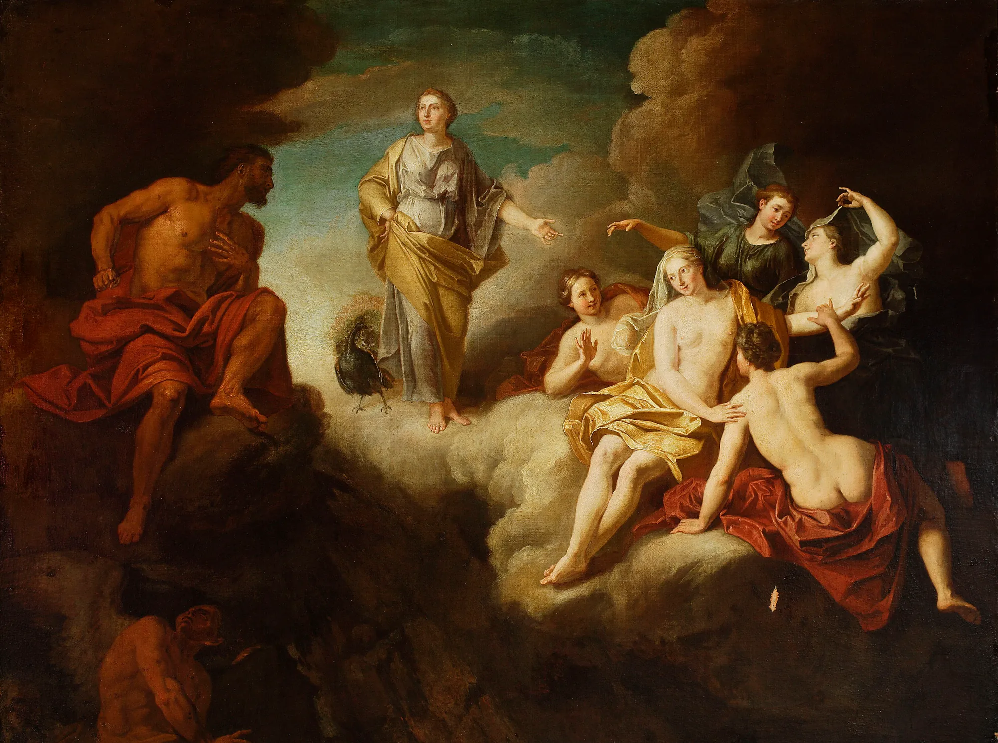 Juno Asks Aeolus to Destroy Aeneas's Ships Juno Asks Aeolus to Destroy Aeneas's Ships by Samuel Massé. A mythological scene depicting the goddess Juno standing on clouds, gesturing towards the god Aeolus seated on a dark rocky outcrop, surrounded by nymphs.
