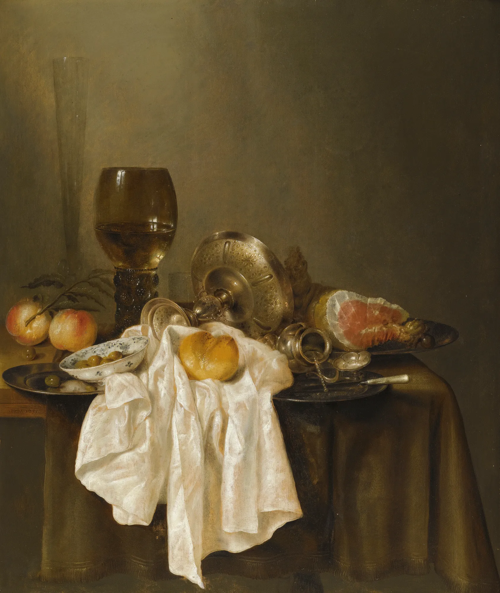 Still Life with Ham, Mustard Pot, Bread, Olives and Roemer
