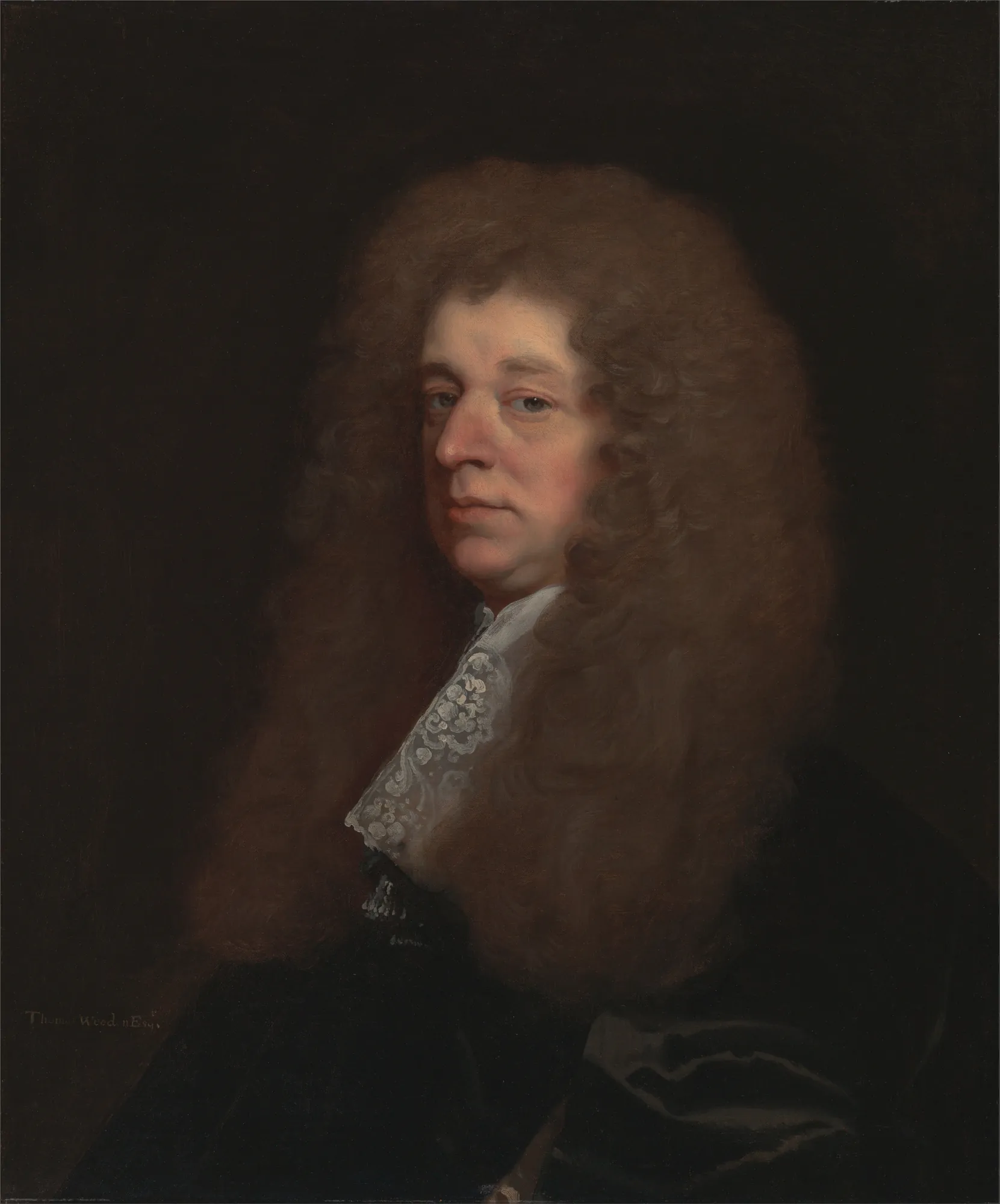 Thomas Weedon Thomas Weedon by John Greenhill. A portrait of a man in a voluminous brown wig and a white lace cravat against a dark background.