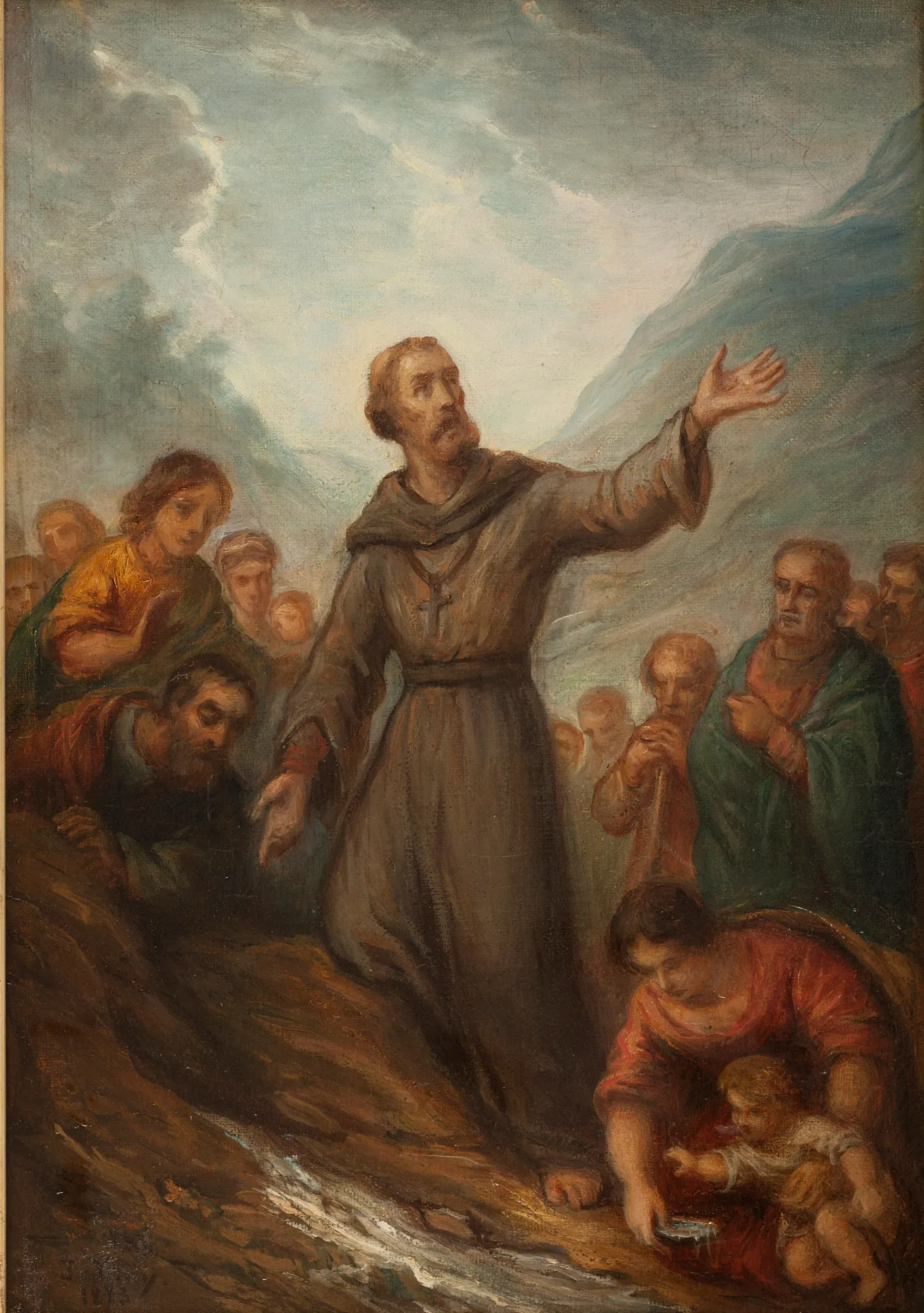 Saint Leonard Causing a Spring to Gush Forth Saint Leonard Causing a Spring to Gush Forth by Joseph Nicolas Jouy. A central figure in a brown habit raises one hand while water springs from the rocky ground at his feet, surrounded by a group of observers in a misty mountain landscape.