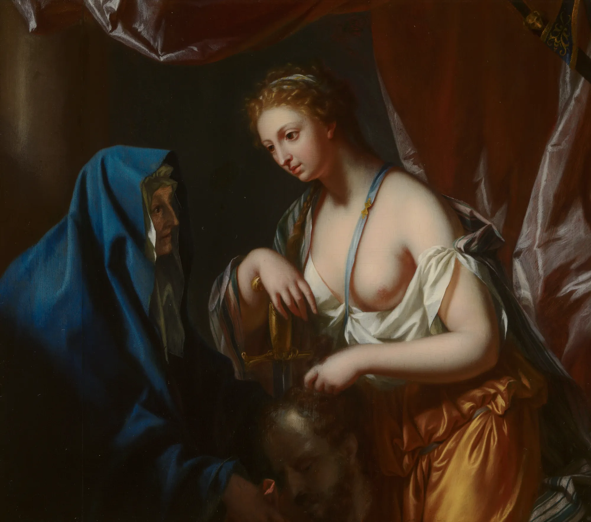 Judith with the Head of Holofernes Judith with the Head of Holofernes by Philip van Dijk. A woman in classical robes holds a severed head while an older woman in a blue veil watches beside a draped curtain.